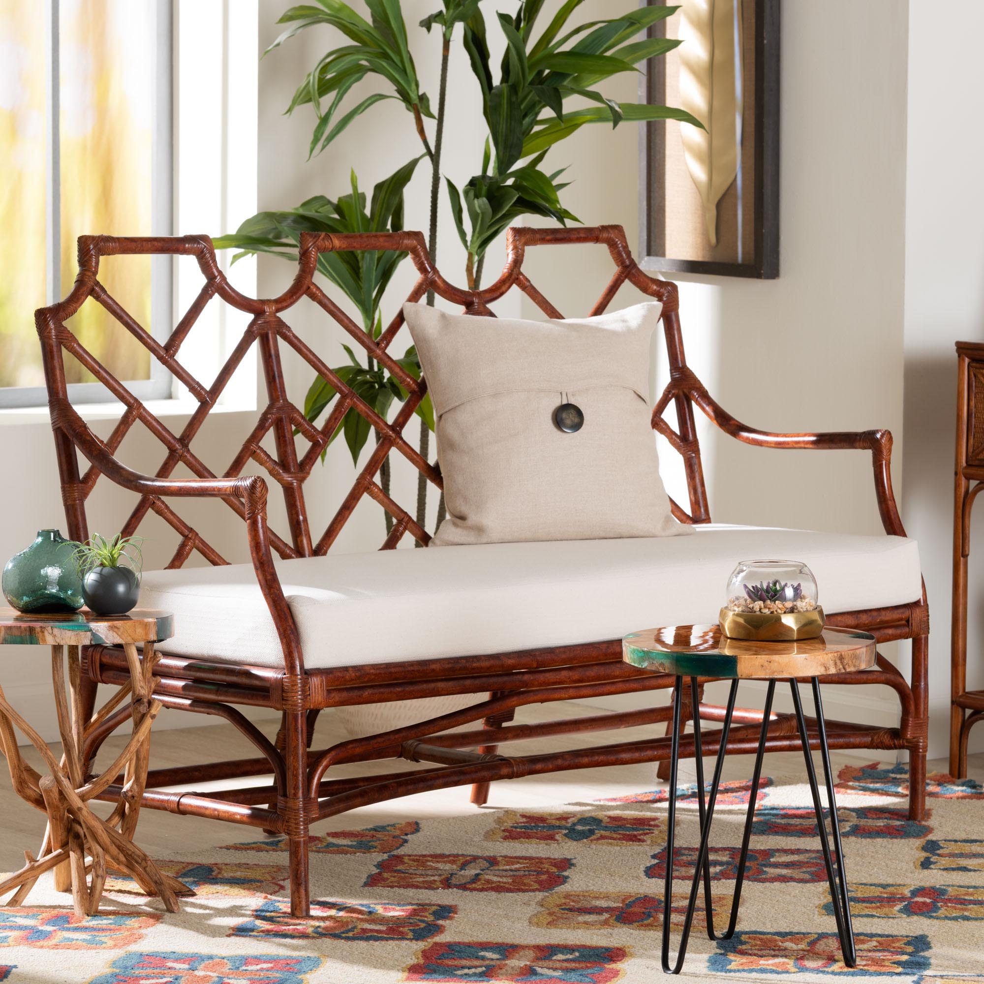 Bali & Pari Aella Marbled Tortoise Rattan Loveseat Bench