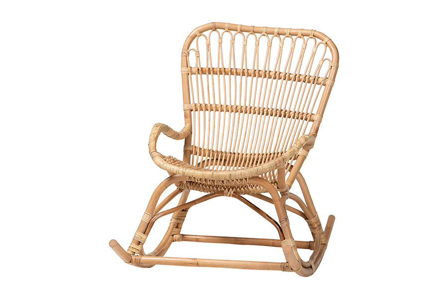 Bali & Pari Mahin Rattan Rocking Chair Handwoven Wicker Accent Rocker with Curved Armrests and High Back, Boho Coastal Lounge Chair