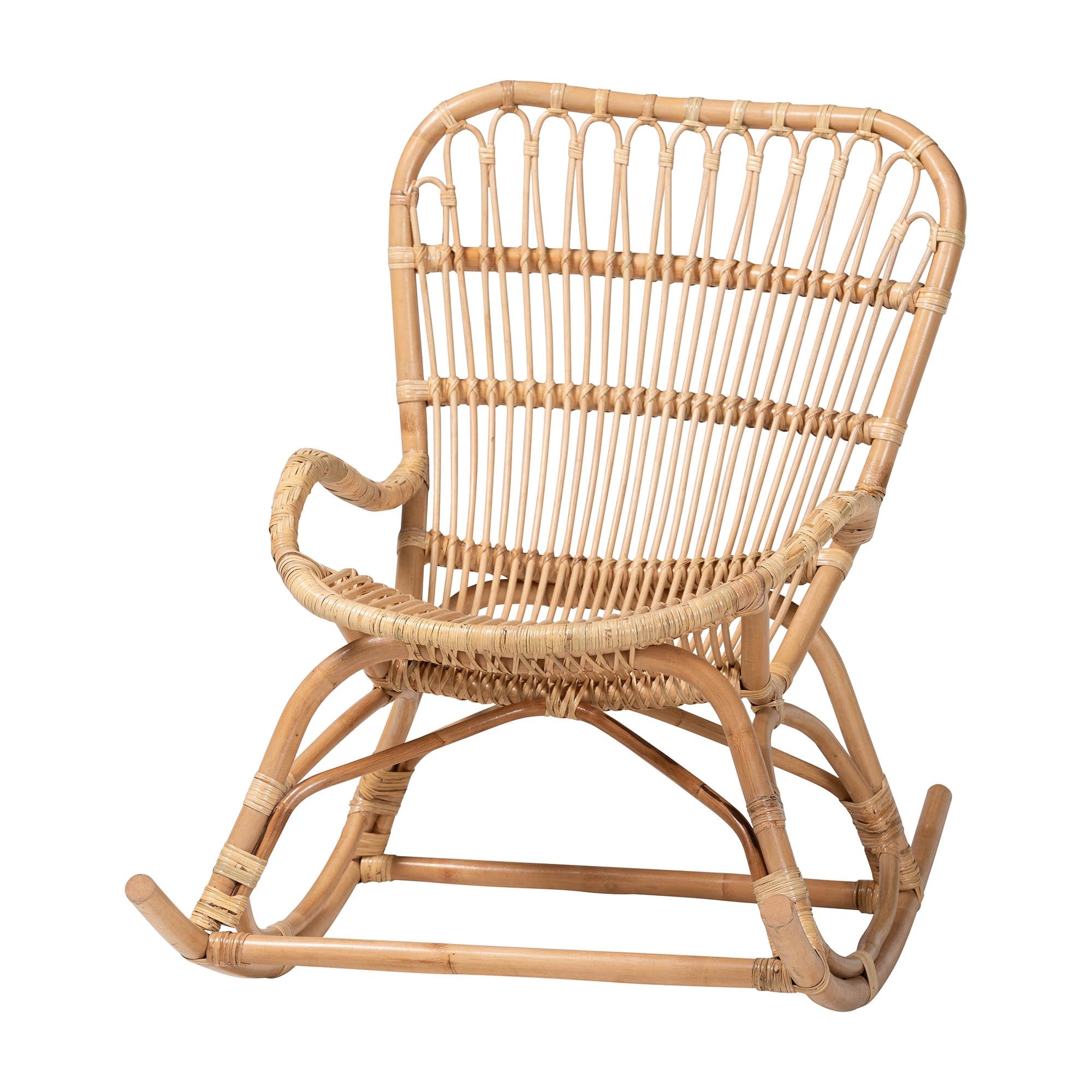Bali & Pari Mahin Rattan Rocking Chair Handwoven Wicker Accent Rocker with Curved Armrests and High Back, Boho Coastal Lounge Chair