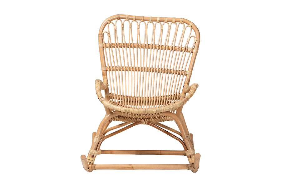 Bali & Pari Mahin Rattan Rocking Chair Handwoven Wicker Accent Rocker with Curved Armrests and High Back, Boho Coastal Lounge Chair