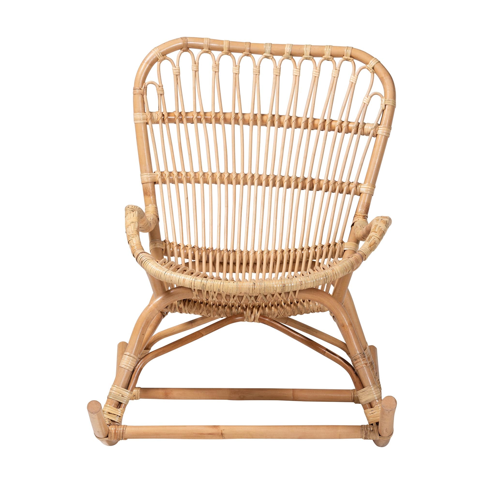 Bali & Pari Mahin Rattan Rocking Chair Handwoven Wicker Accent Rocker with Curved Armrests and High Back, Boho Coastal Lounge Chair