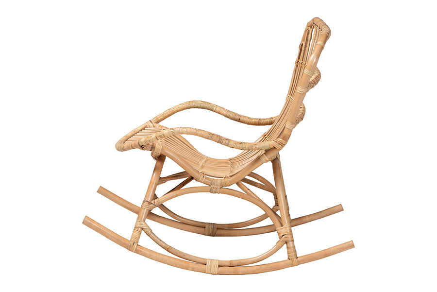 Bali & Pari Mahin Rattan Rocking Chair Handwoven Wicker Accent Rocker with Curved Armrests and High Back, Boho Coastal Lounge Chair