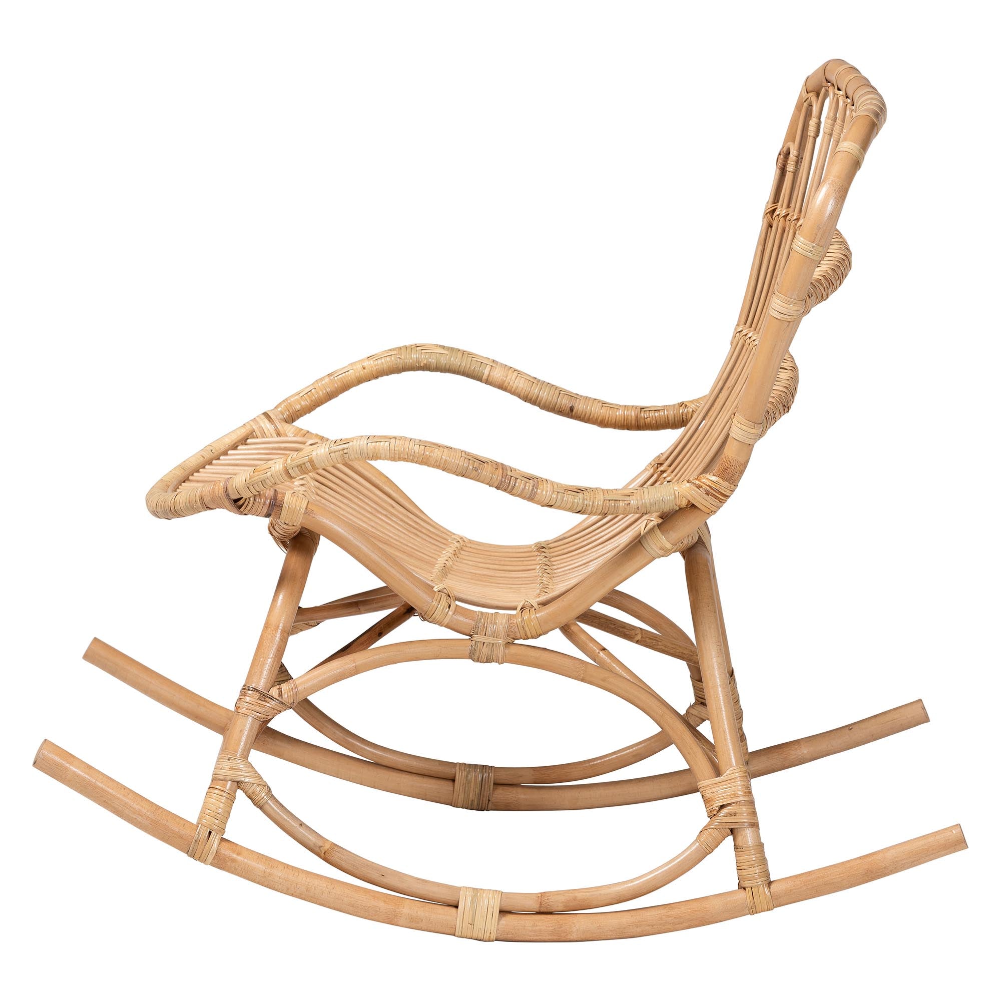 Bali & Pari Mahin Rattan Rocking Chair Handwoven Wicker Accent Rocker with Curved Armrests and High Back, Boho Coastal Lounge Chair