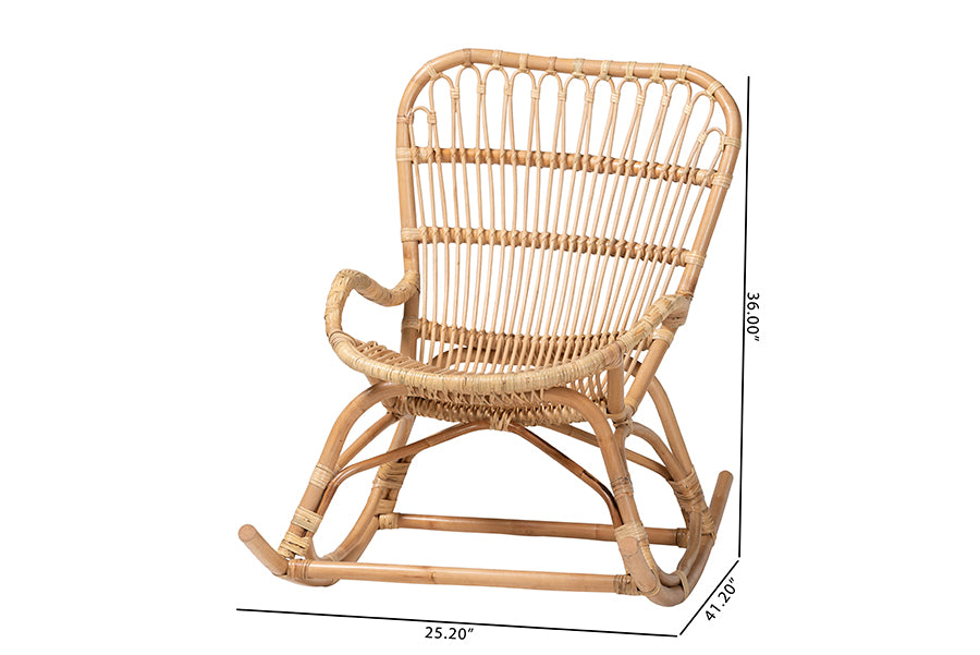 Bali & Pari Mahin Rattan Rocking Chair Handwoven Wicker Accent Rocker with Curved Armrests and High Back, Boho Coastal Lounge Chair