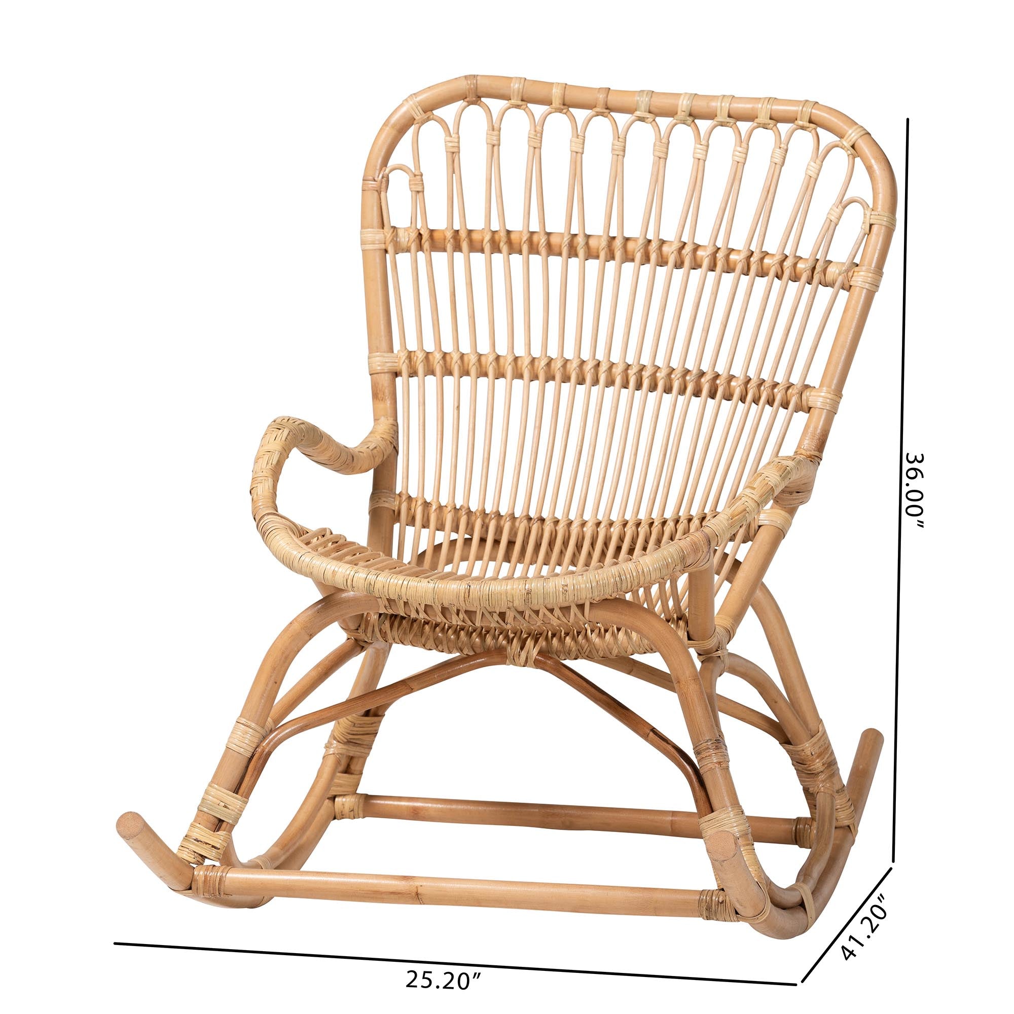 Bali & Pari Mahin Rattan Rocking Chair Handwoven Wicker Accent Rocker with Curved Armrests and High Back, Boho Coastal Lounge Chair