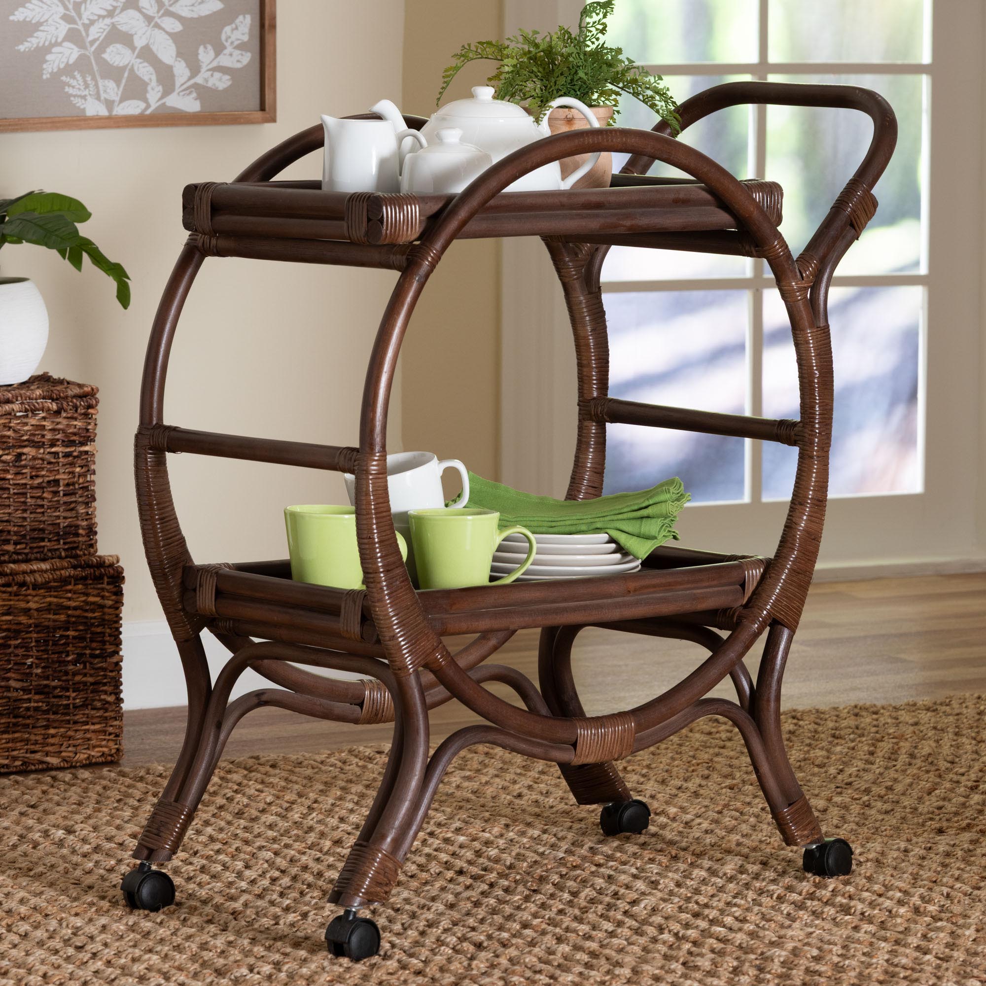 bali & pari Selah Rattan Kitchen Cart - Handwoven Wicker 2-Tier Mobile Serving Cart with Tray Top