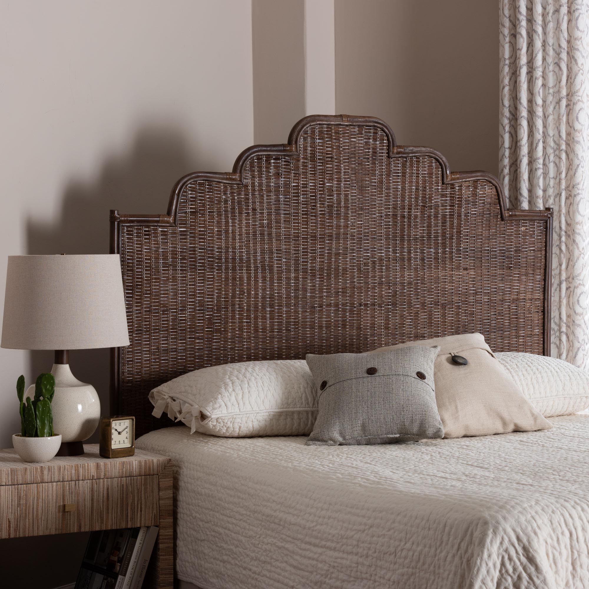 bali & pari Raphaela Rattan Standalone Headboard - Handwoven Wicker Panel Headboard with Stepped Detailing,