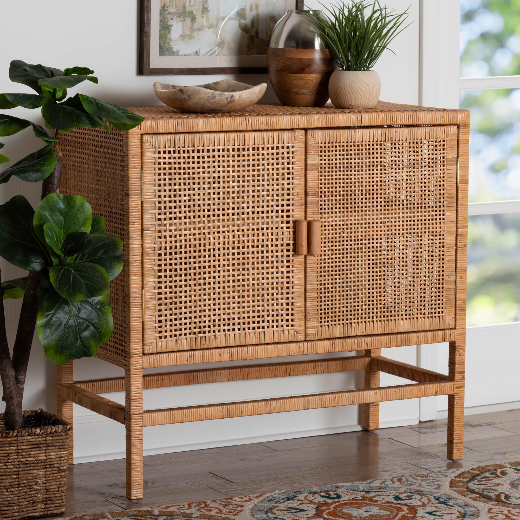bali & pari Vivan Rattan Storage Cabinet - 2-Tier Handwoven Wicker Accent Cabinet with Double Doors and Elevated Base,
