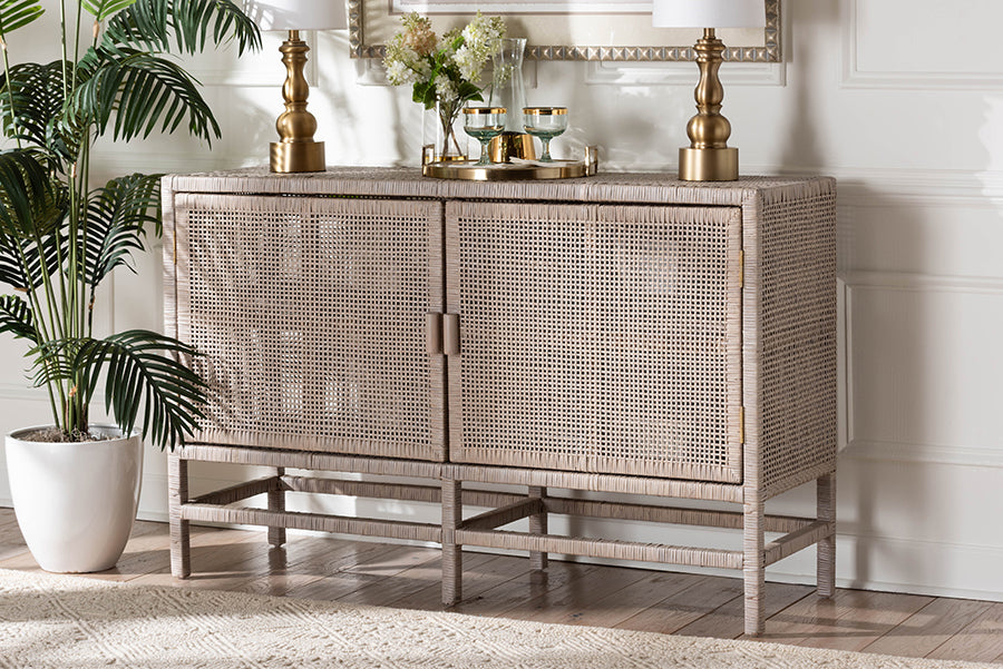 bali & pari Vivan Rattan Storage Cabinet - 2-Tier Handwoven Wicker Accent Cabinet with Double Doors and Elevated Base, French