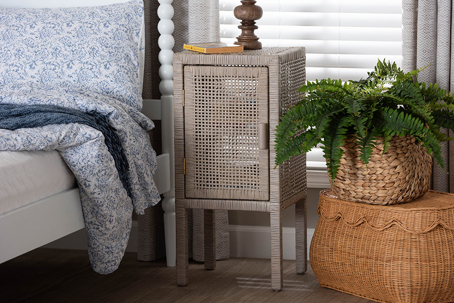 bali & pari Vivan Rattan Nightstand - Handwoven Wicker Accent Bedside Table with Interior Shelving and Elevated Base, French