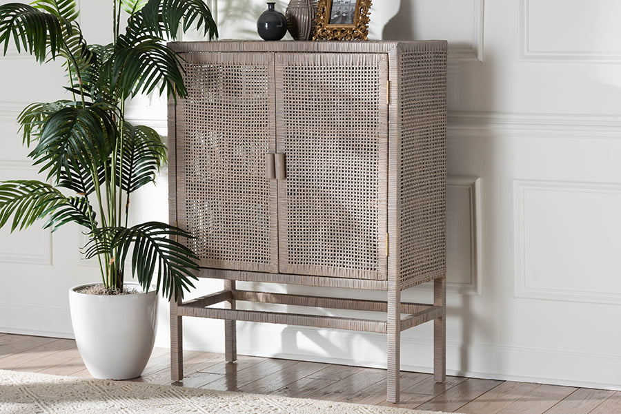 bali & pari Vivan Rattan Storage Cabinet - 3-Tier Handwoven Wicker Accent Cabinet with Double Doors and Elevated Base, French