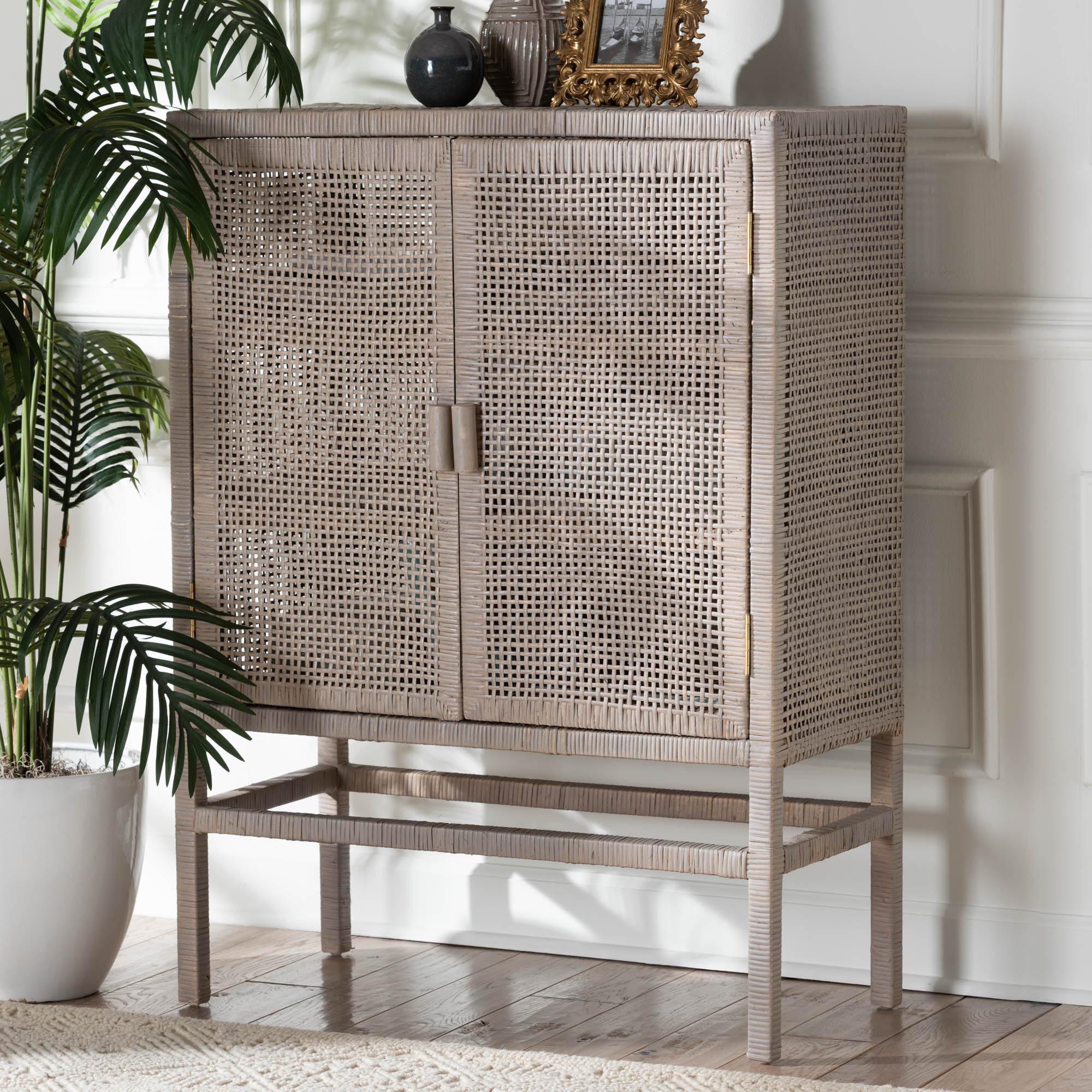 bali & pari Vivan Rattan Storage Cabinet - 3-Tier Handwoven Wicker Accent Cabinet with Double Doors and Elevated Base, French