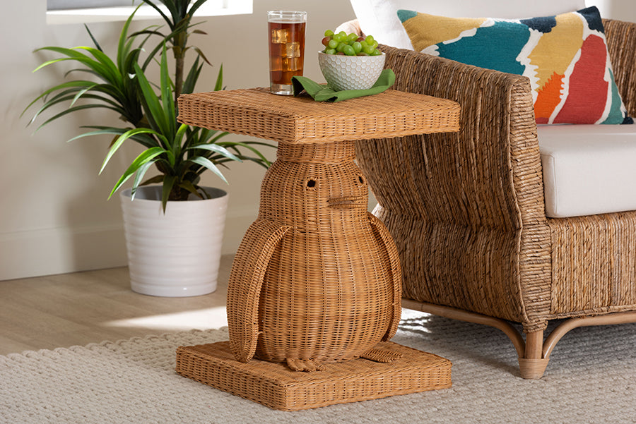 bali & pari Pembroke Penguin End Table - Handwoven Rattan Sculptural Accent Side Table with Platform Base