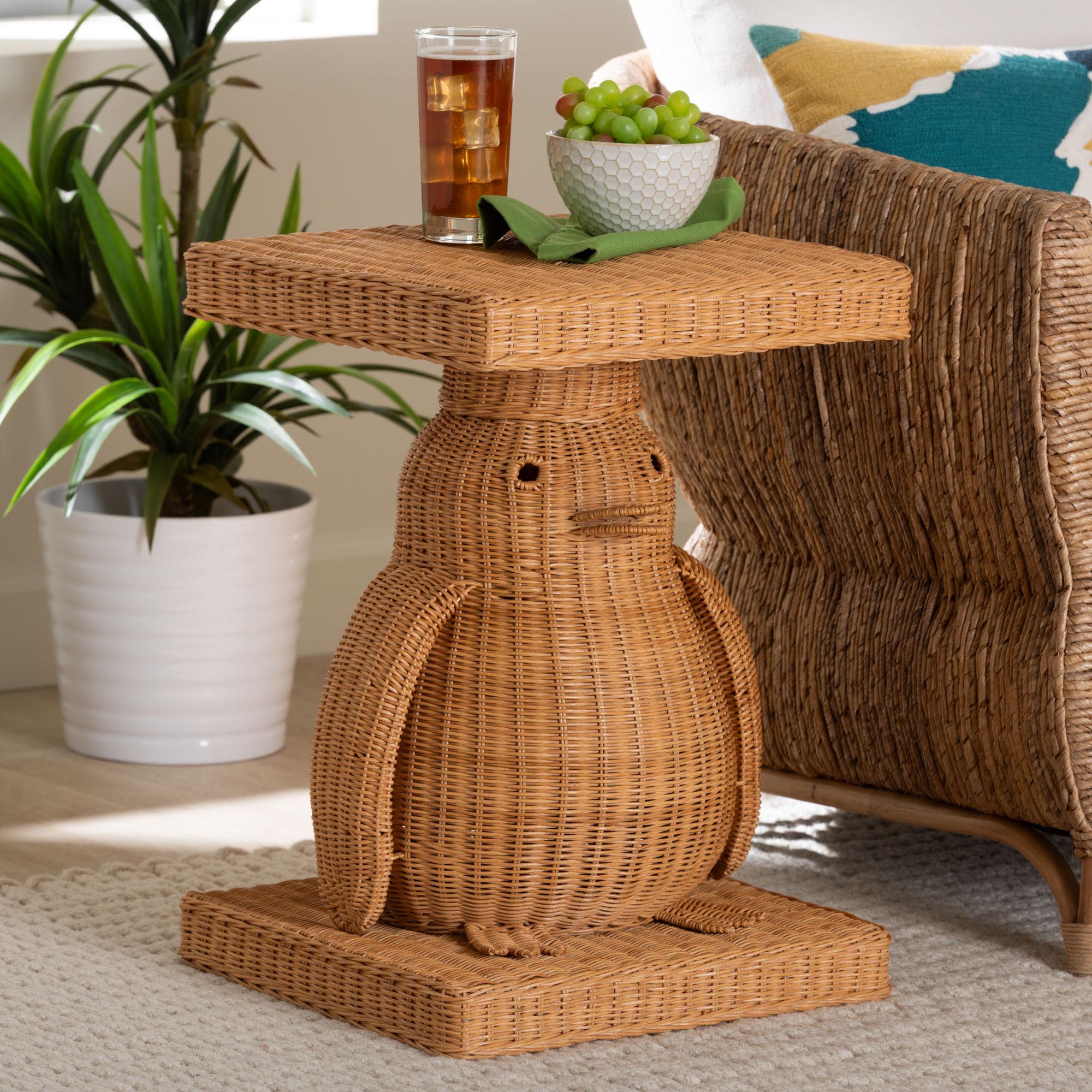 bali & pari Pembroke Penguin End Table - Handwoven Rattan Sculptural Accent Side Table with Platform Base