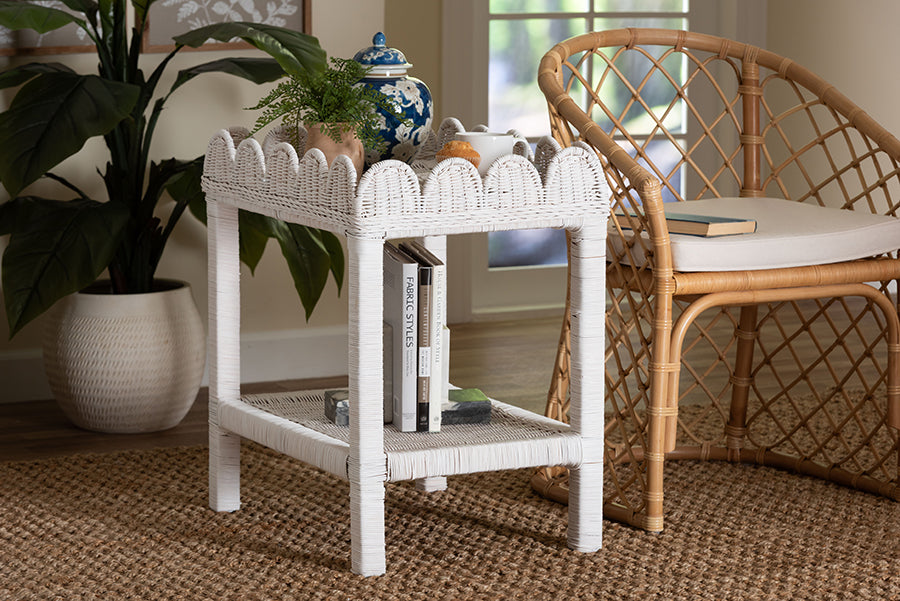 bali & pari Sumana Rattan Side Table - Handwoven Wicker 2-Tier Accent End Table with Scalloped Tray Top for Living Room,