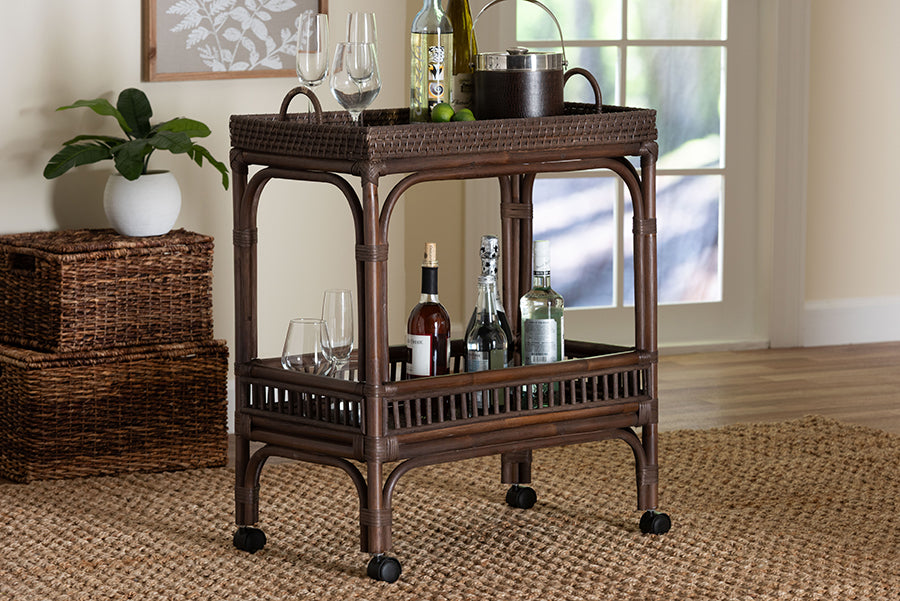 Bali & Pari Lombok Rattan Wine Cart Handwoven Wicker 2-Tier Mobile Bar Cart with Raised Tray Top Kitchen or Lounge, Espresso