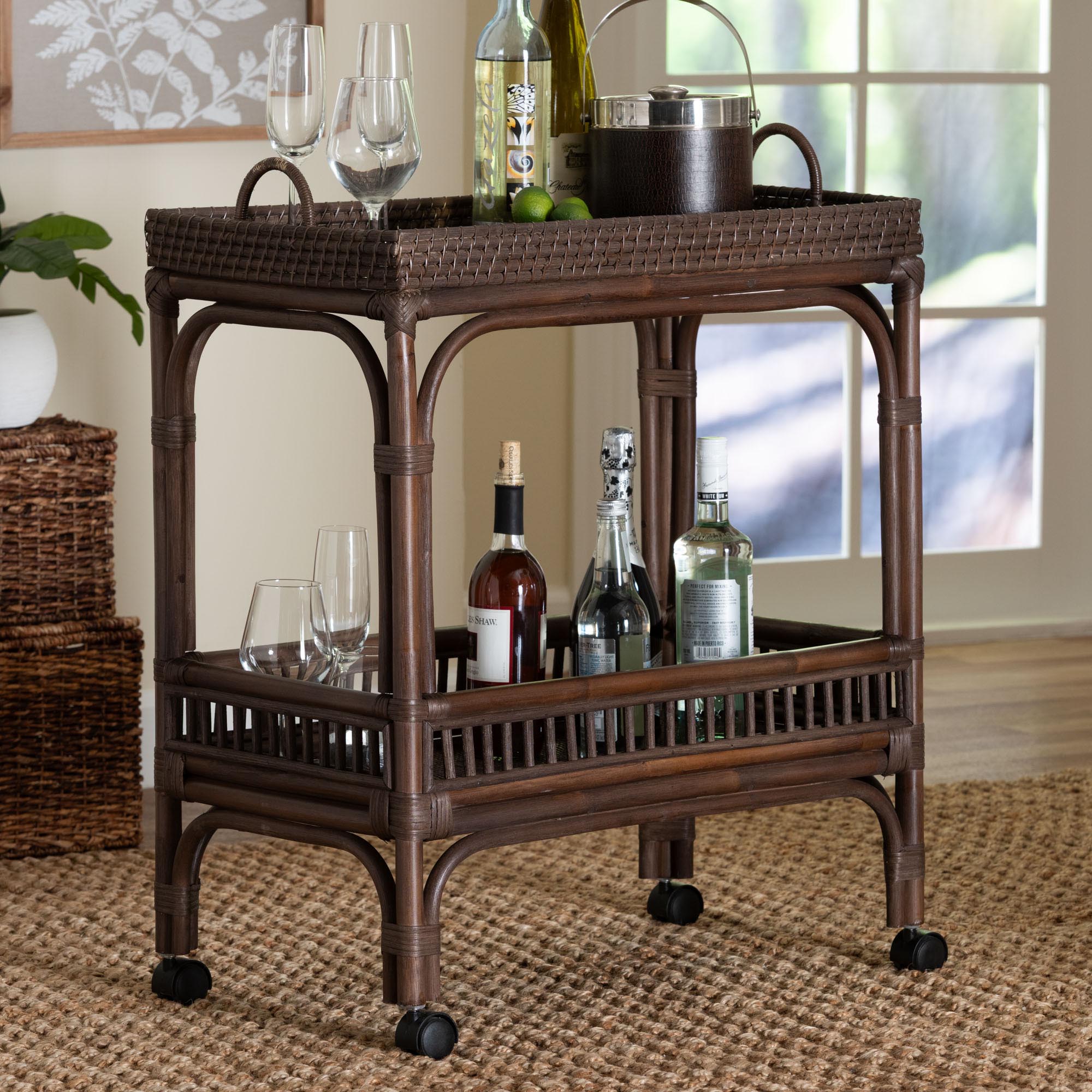 Bali & Pari Lombok Rattan Wine Cart Handwoven Wicker 2-Tier Mobile Bar Cart with Raised Tray Top Kitchen or Lounge, Espresso