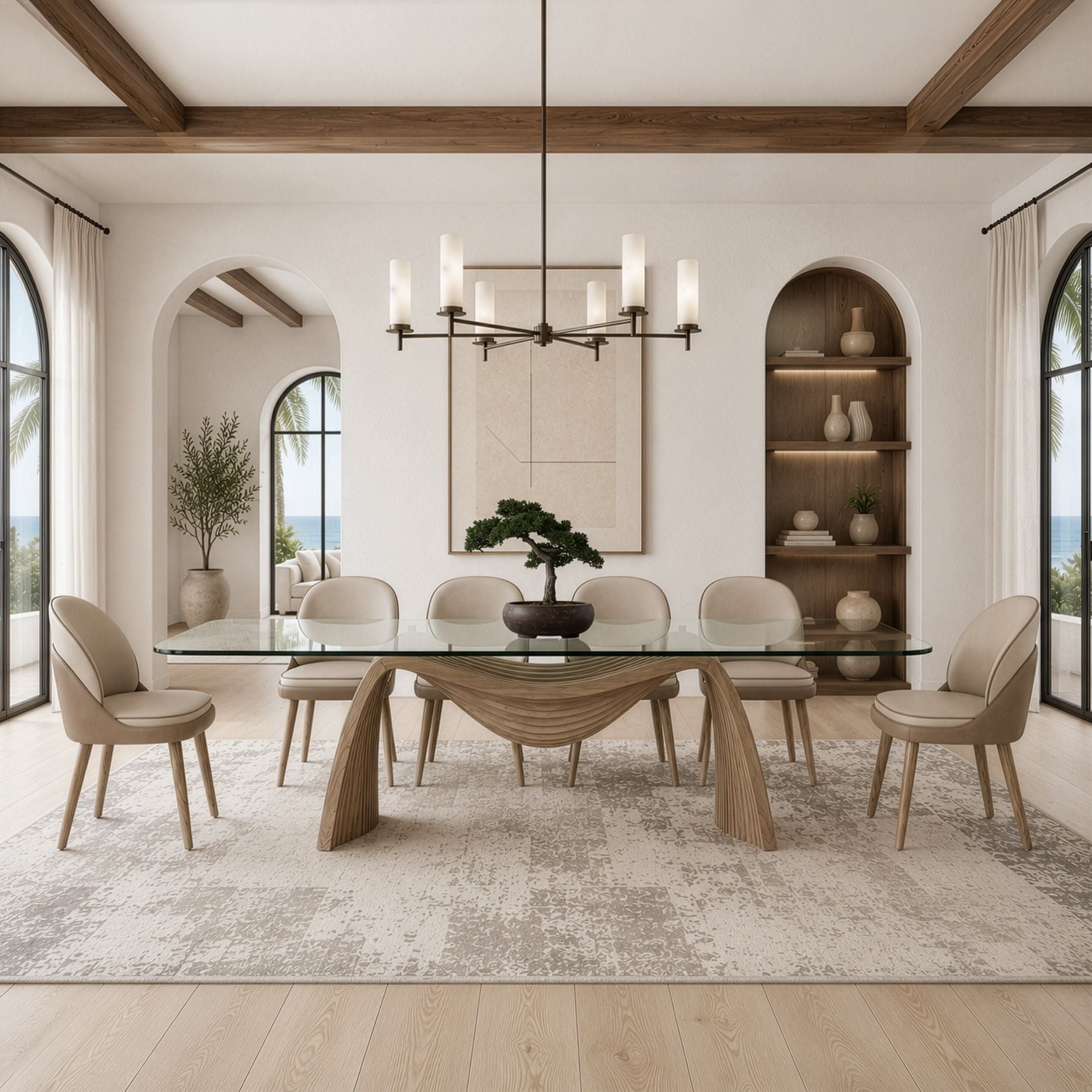 Pangea Mid-Century Modern Glass and Buckwheat Ash Rectangular Dining Table