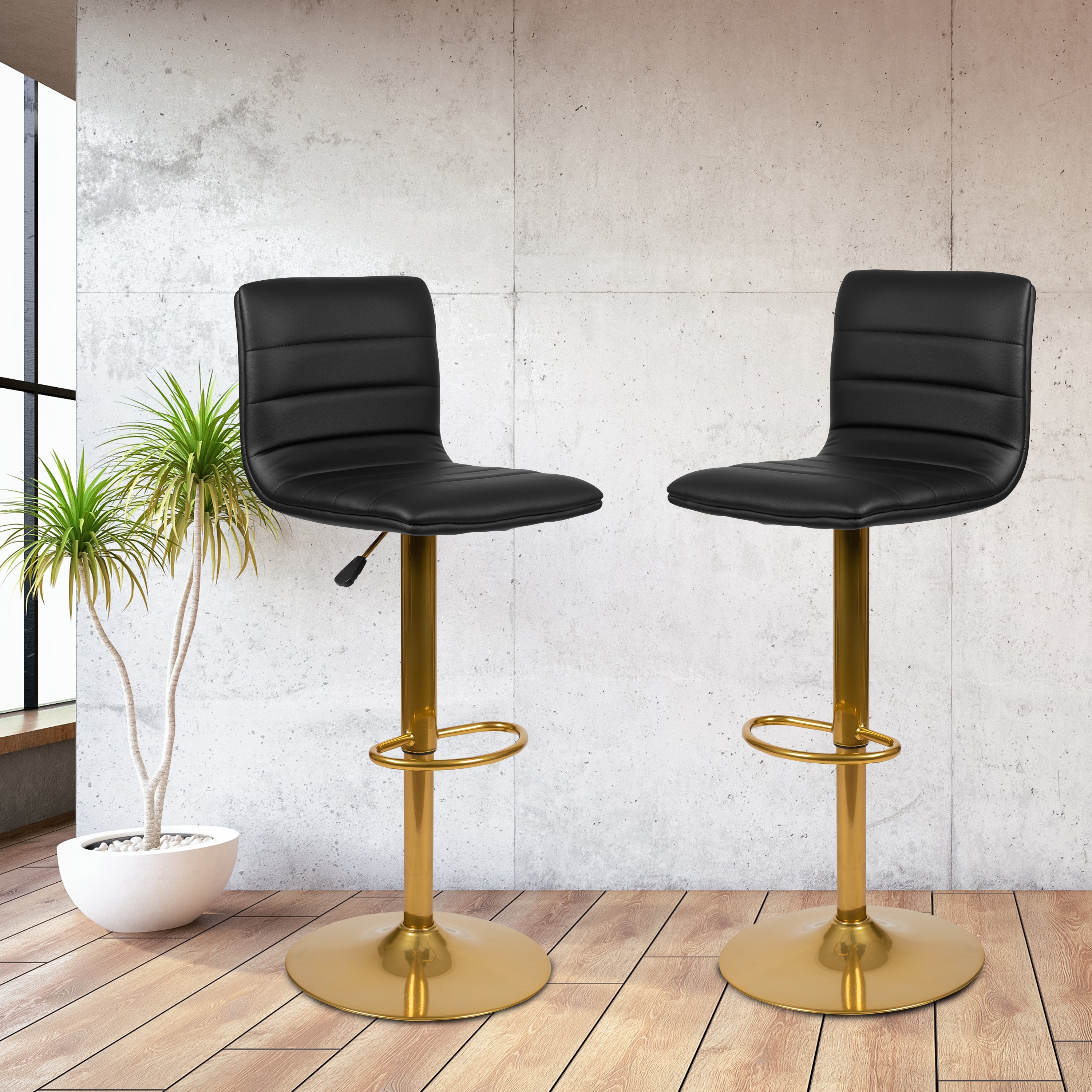 Modern Vinyl Adjustable Height Barstool with Horizontal Stitch Back, Set of 2