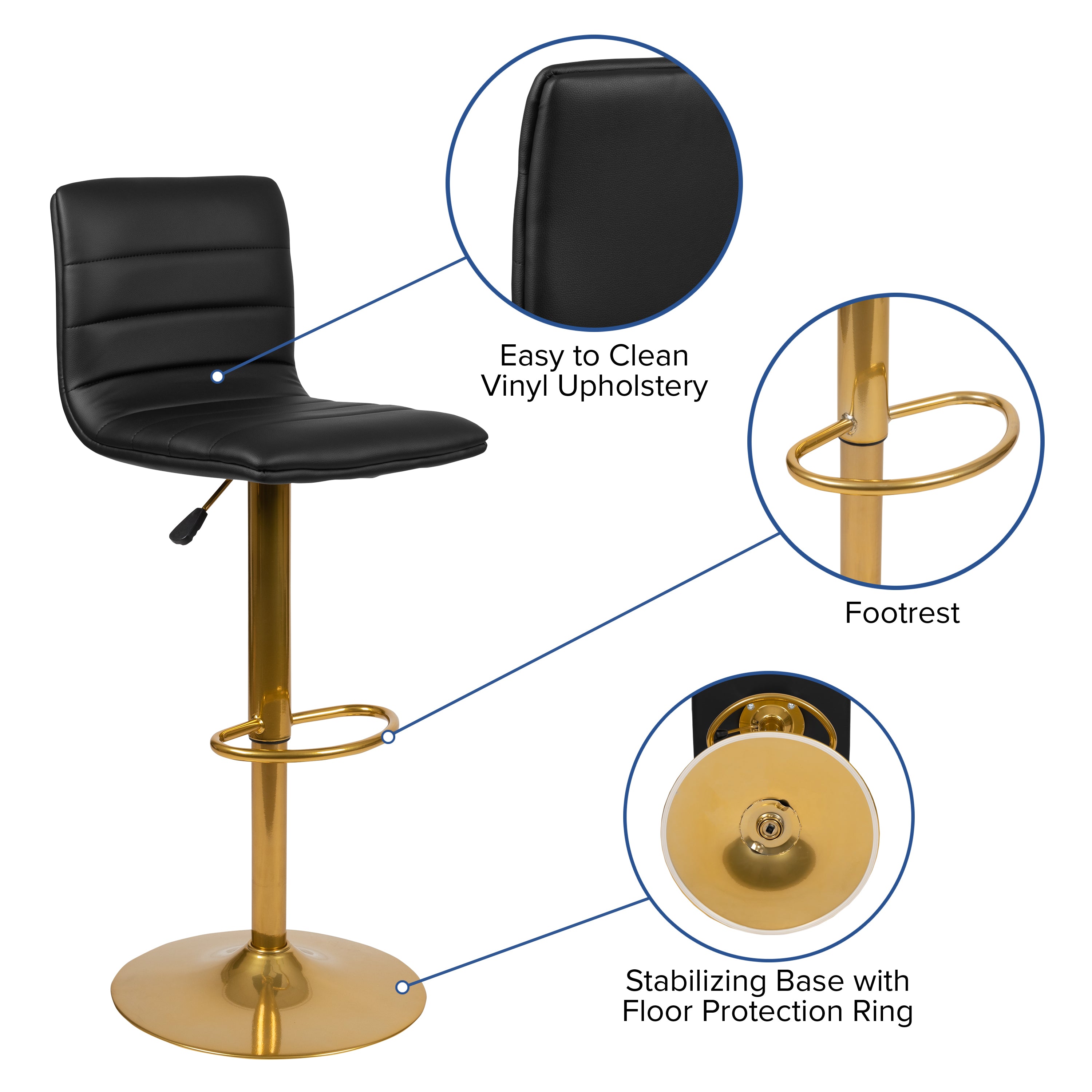 Modern Vinyl Adjustable Height Barstool with Horizontal Stitch Back, Set of 2