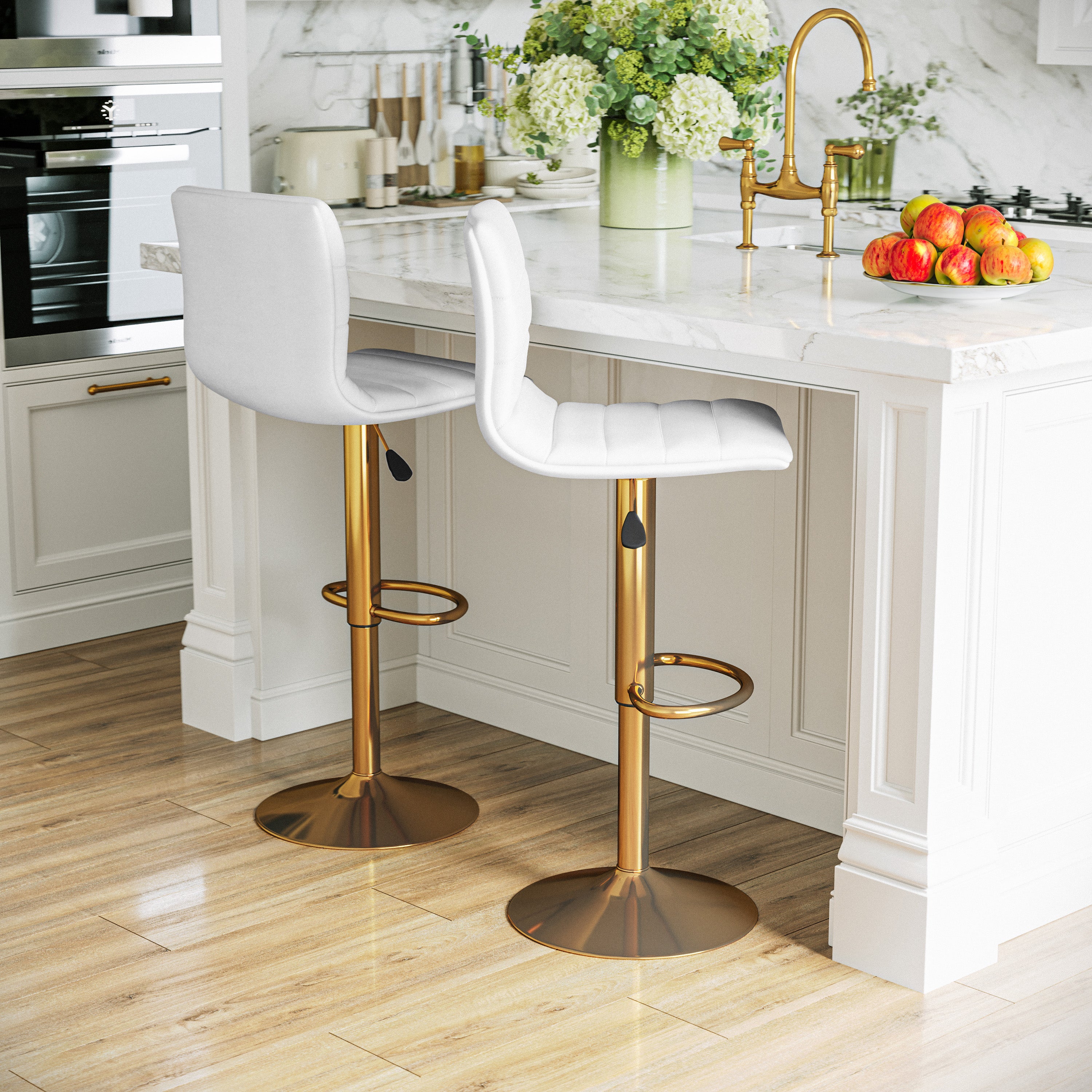 Modern Vinyl Adjustable Height Barstool with Horizontal Stitch Back, Set of 2