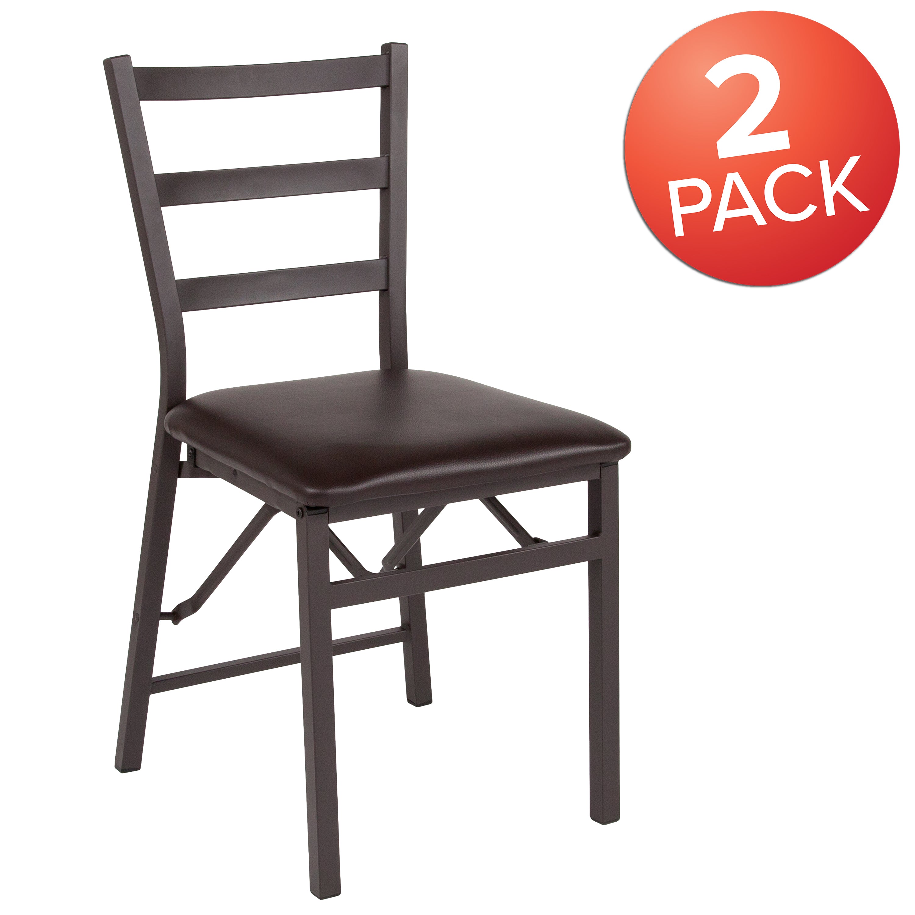 2 Pack HERCULES Series Folding Ladder Back Metal Chair with Vinyl Seat-Metal Restaurant Folding Chair-Flash Furniture-Wall2Wall Furnishings