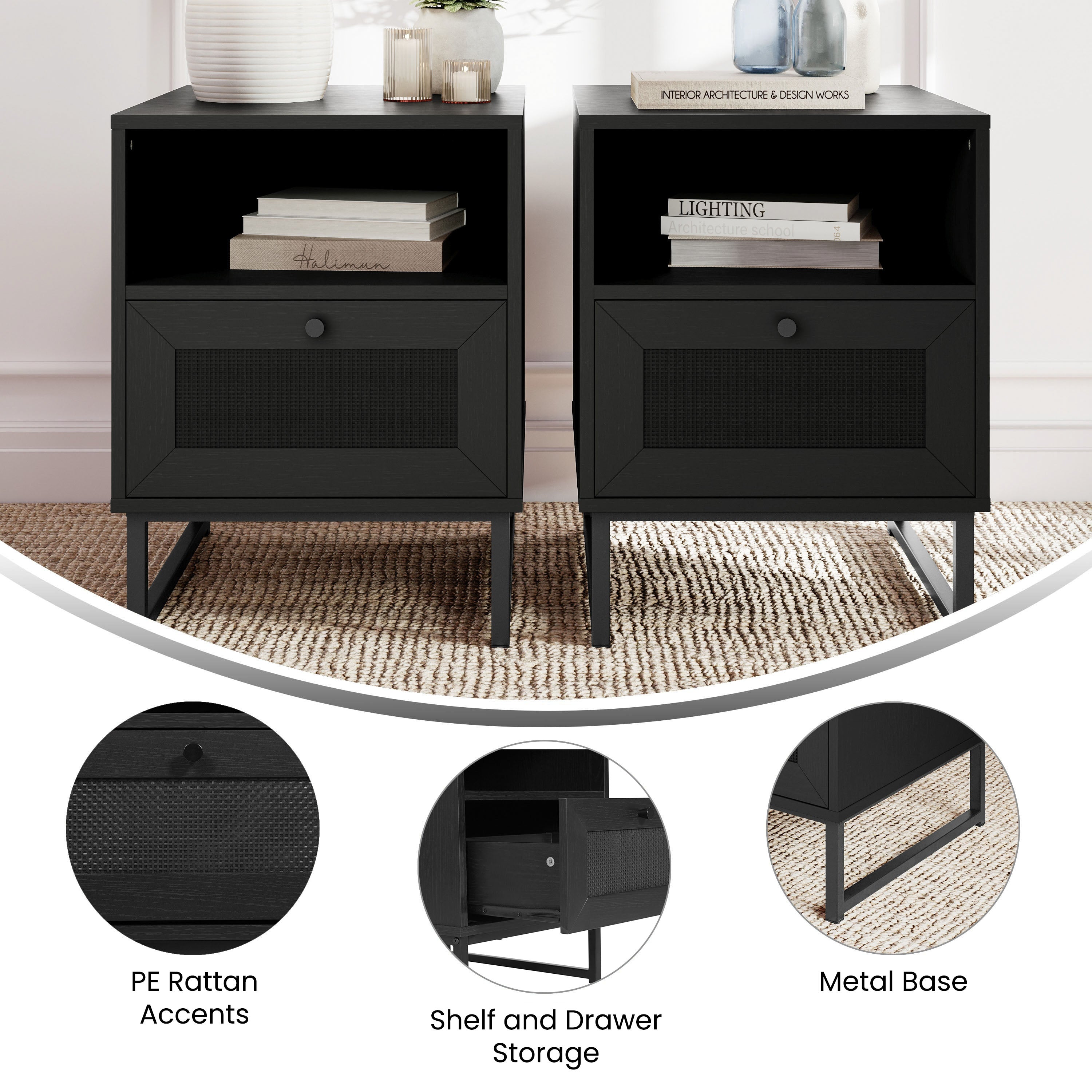 Malaki Set of 2 Mid-Century Modern Nightstands or End Tables with Rattan Accented Drawers, Open Upper Shelves, and Metal Legs