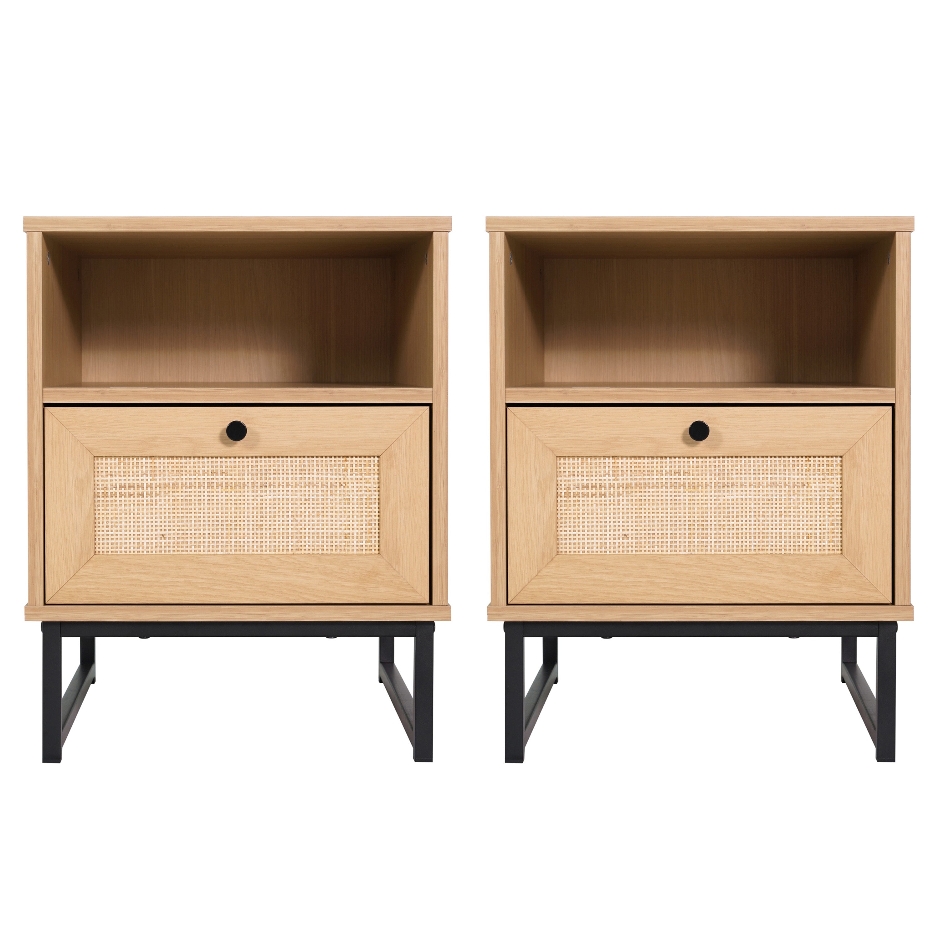 Malaki Set of 2 Mid-Century Modern Nightstands or End Tables with Rattan Accented Drawers, Open Upper Shelves, and Metal Legs