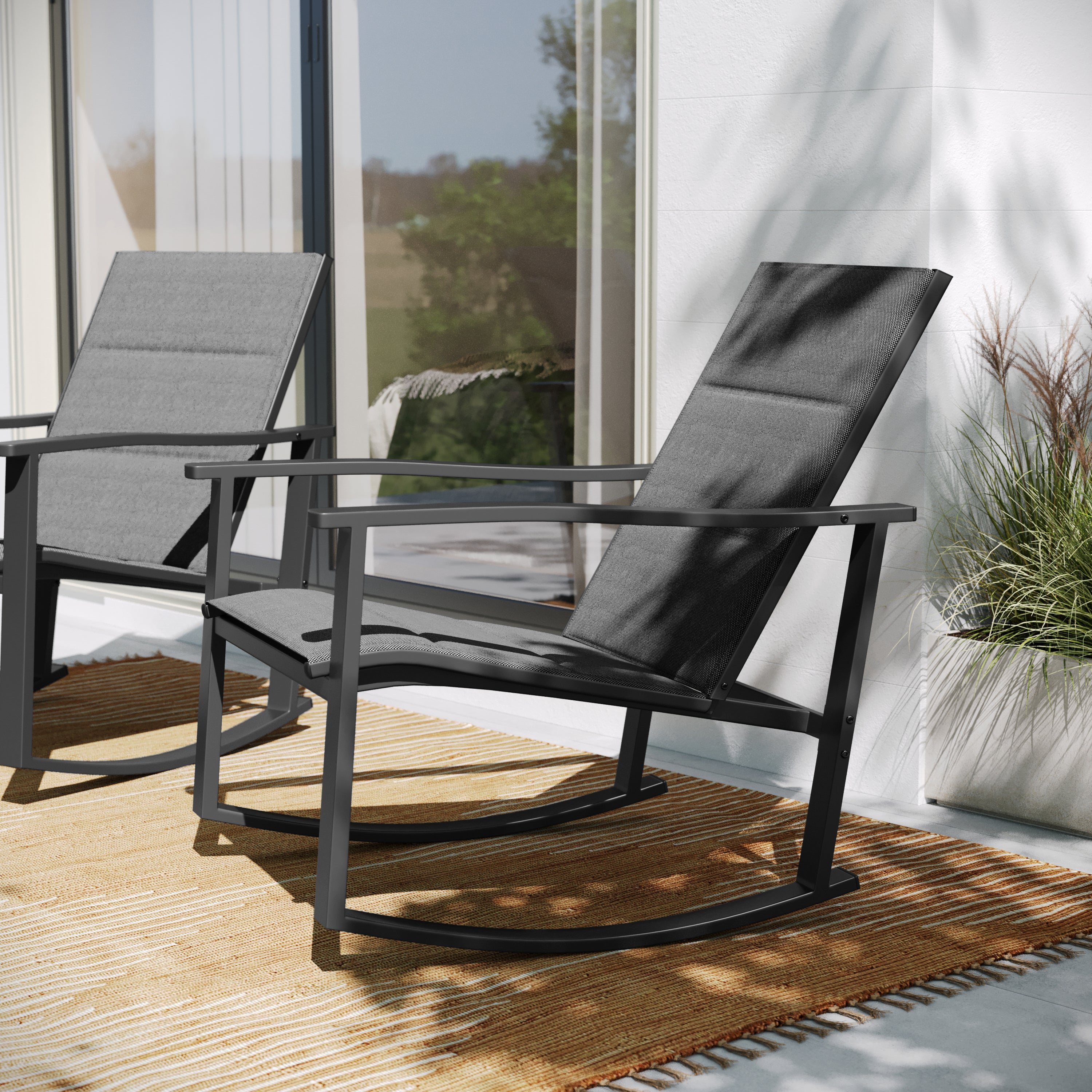 Brazos Set of 2 Outdoor Rocking Chairs with Flex Comfort Material and Metal Frame-Metal Patio Rocking Chair-Flash Furniture-Wall2Wall Furnishings