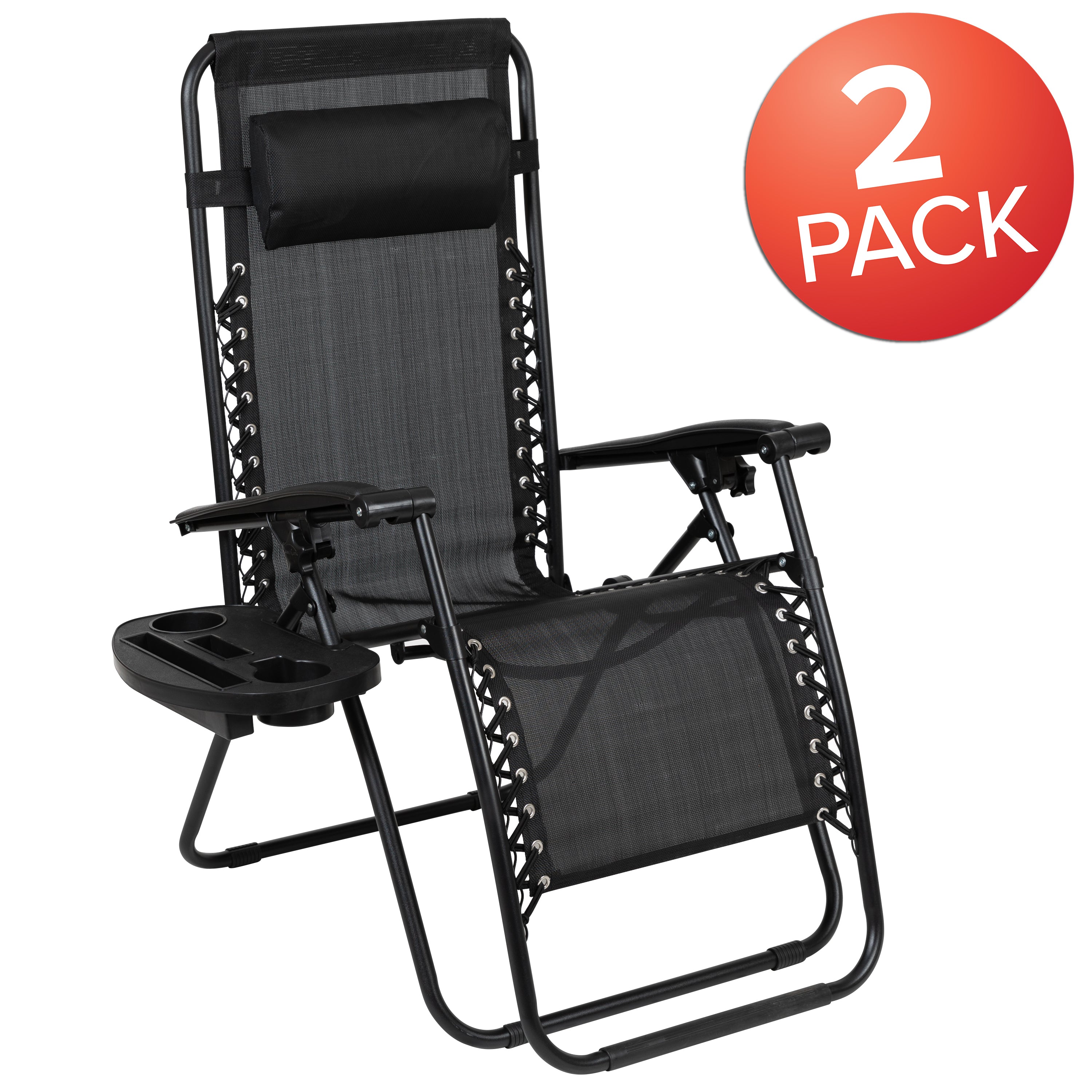 Adjustable Folding Mesh Zero Gravity Reclining Lounge Chair with Pillow and Cup Holder Tray, Set of 2-Outdoor Chair-Flash Furniture-Wall2Wall Furnishings