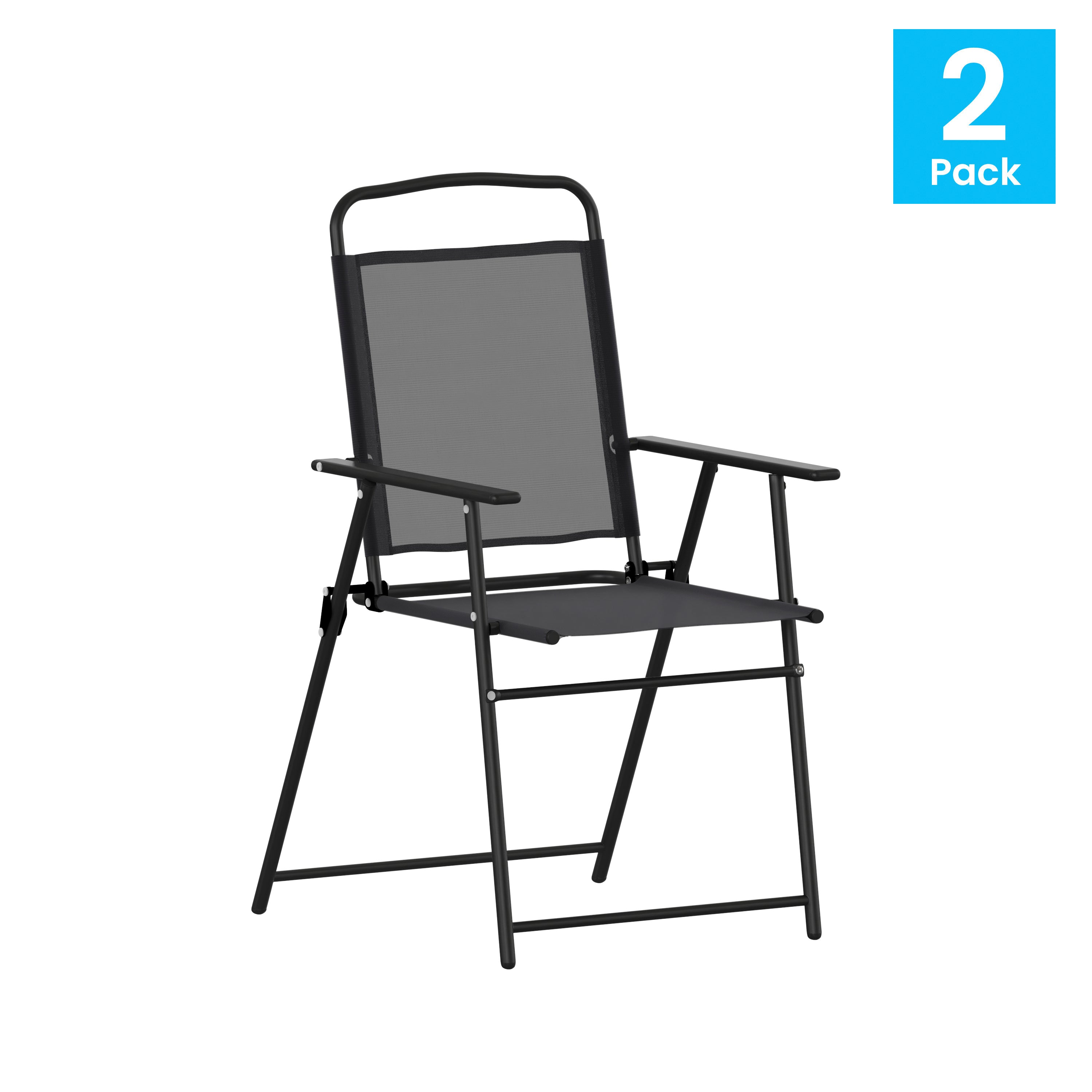 Set of 2 Mystic Folding Patio Sling Chairs, Outdoor Textilene Lawn Chairs with Armrests-Metal Patio Chair-Flash Furniture-Wall2Wall Furnishings