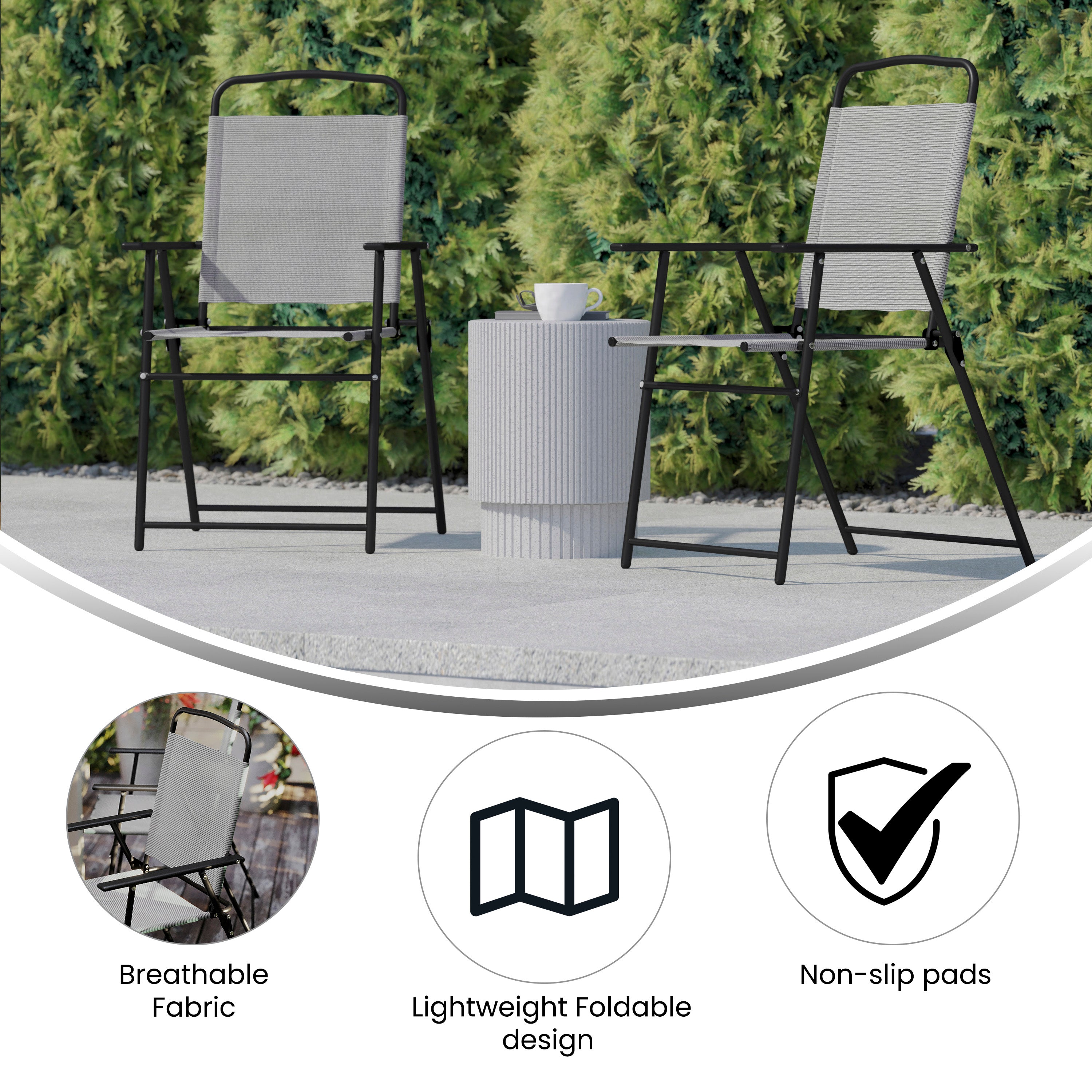 Set of 2 Mystic Folding Patio Sling Chairs, Outdoor Textilene Lawn Chairs with Armrests-Metal Patio Chair-Flash Furniture-Wall2Wall Furnishings