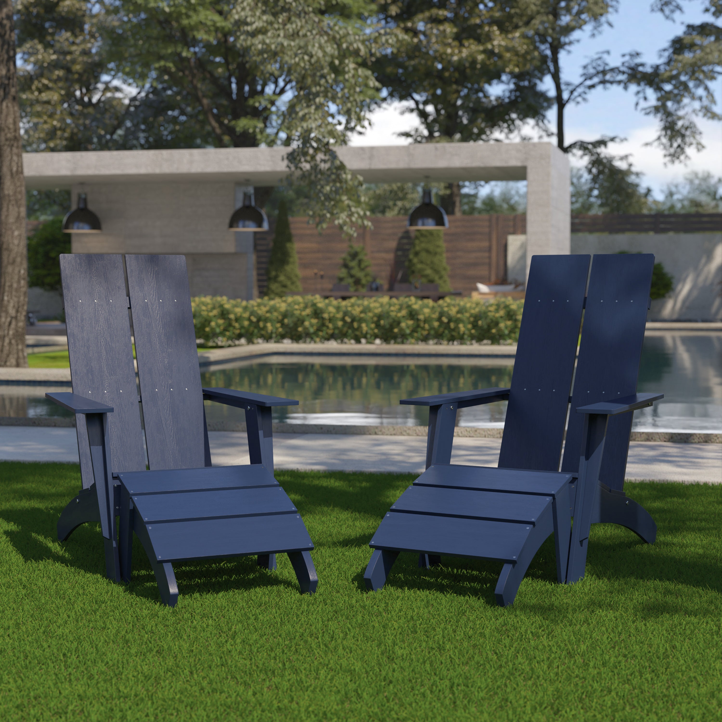 Set of 2 Sawyer Modern All-Weather Poly Resin Wood Adirondack Chairs with Foot Rests-Outdoor Chair-Flash Furniture-Wall2Wall Furnishings
