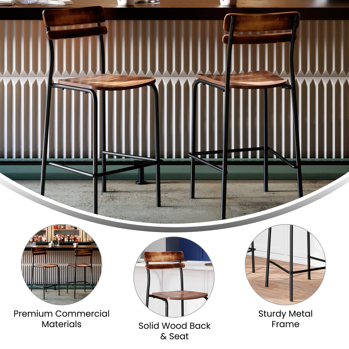 2 Pack Cyprus Commercial Grade Solid Wood Bar Stools with Metal Frames and Antique Finish