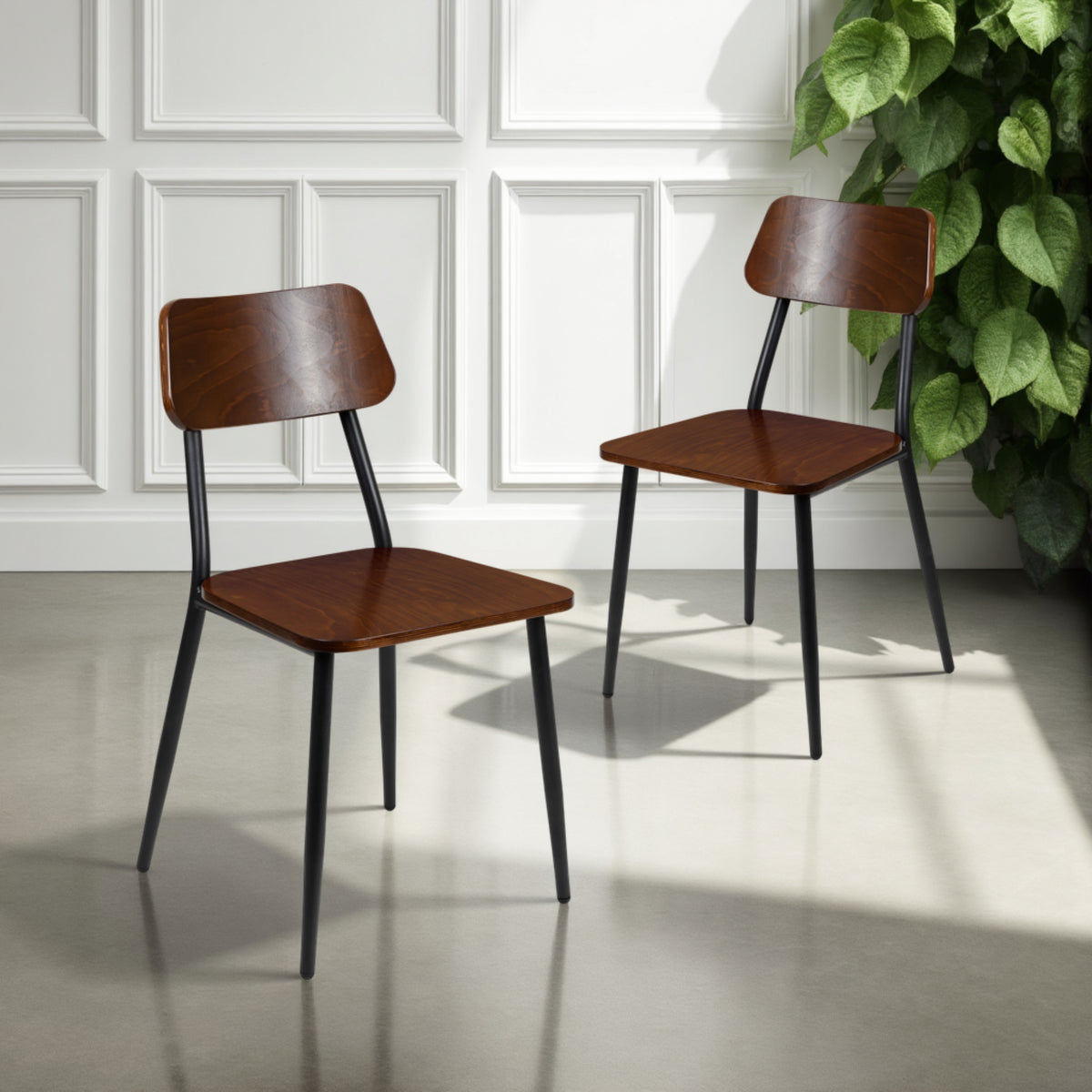 Industrial Dining Chair with Steel Frame and Rustic Wood Seat, Set of 2