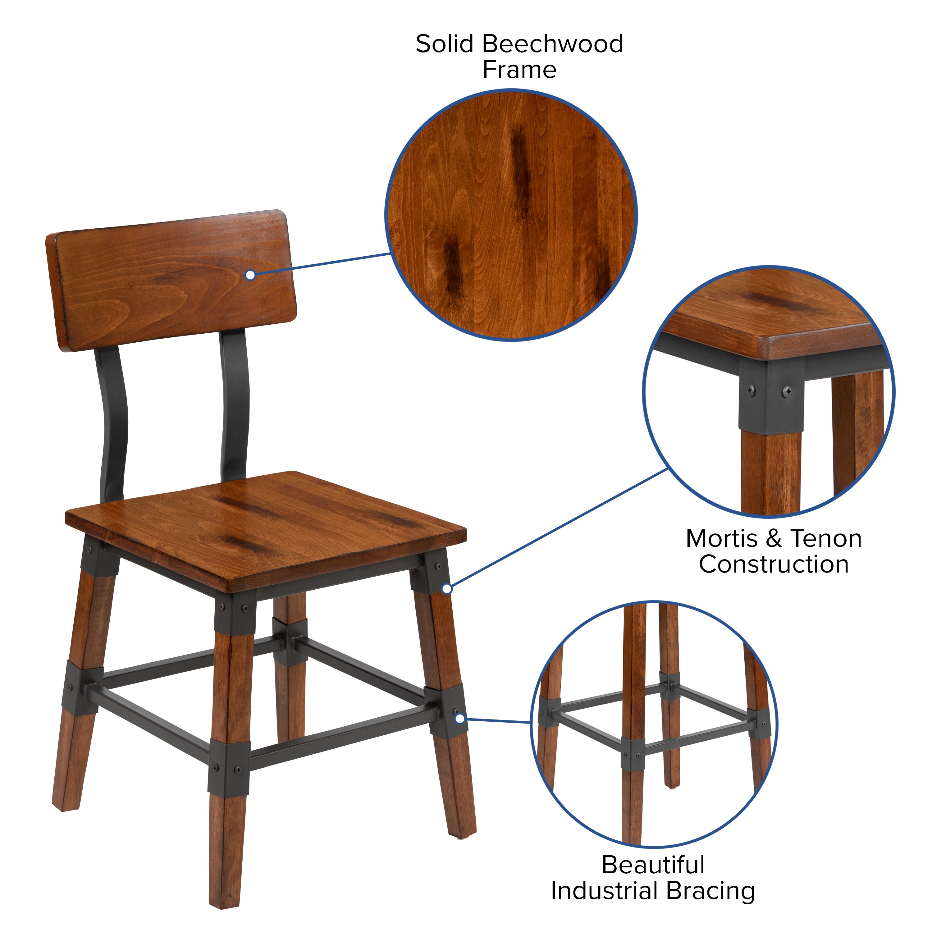 2 Pack Rustic Antique Industrial Wood Dining Chair-Restaurant Chair-Flash Furniture-Wall2Wall Furnishings
