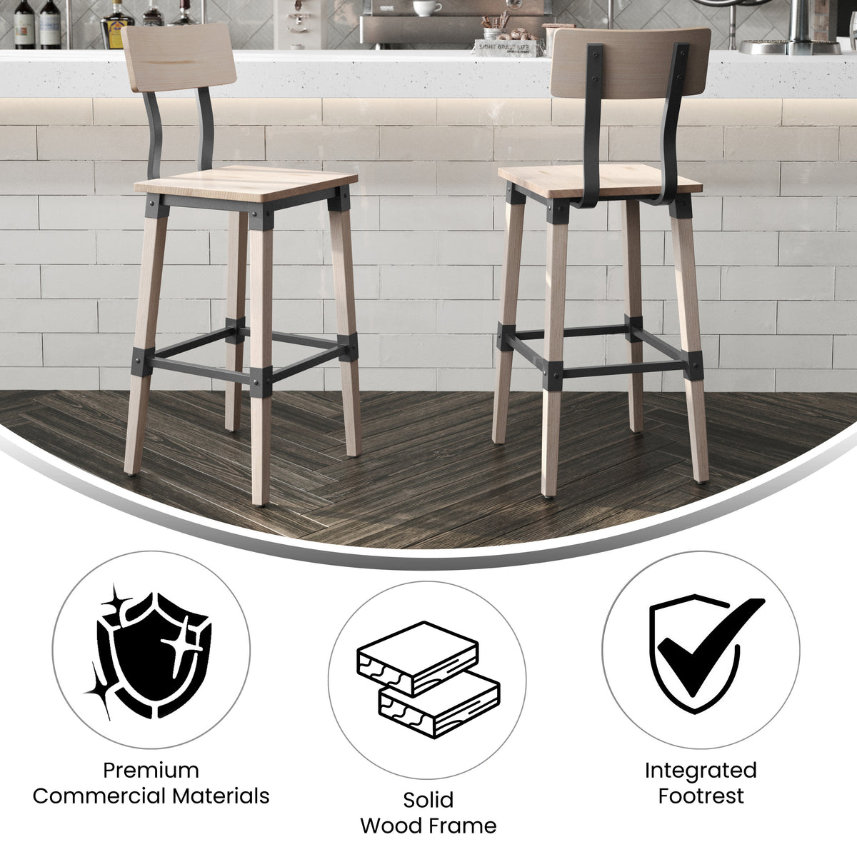 2 Pack Rustic Antique Industrial Wood Dining Barstool