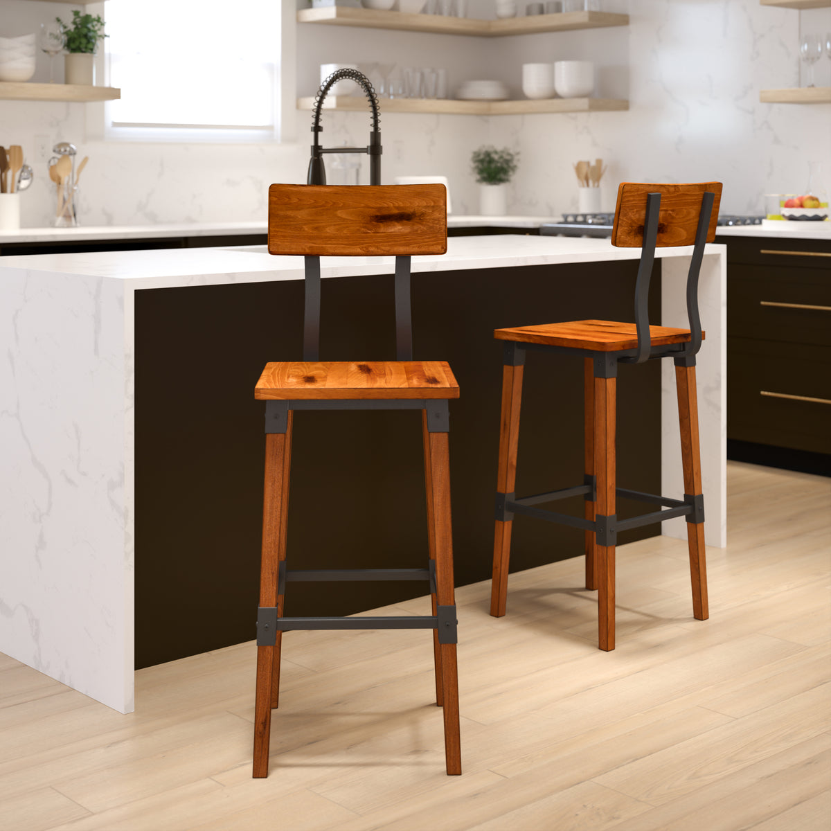 2 Pack Rustic Antique Industrial Wood Dining Barstool