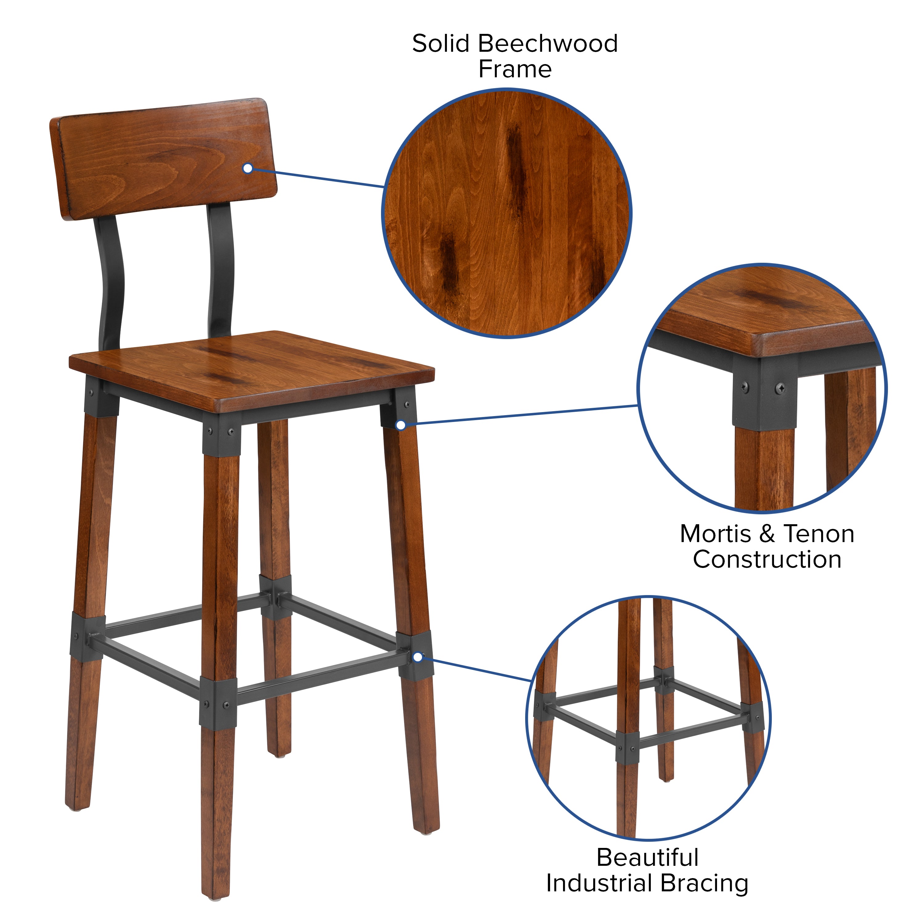 2 Pack Rustic Antique Industrial Wood Dining Barstool-Bar Stool-Flash Furniture-Wall2Wall Furnishings