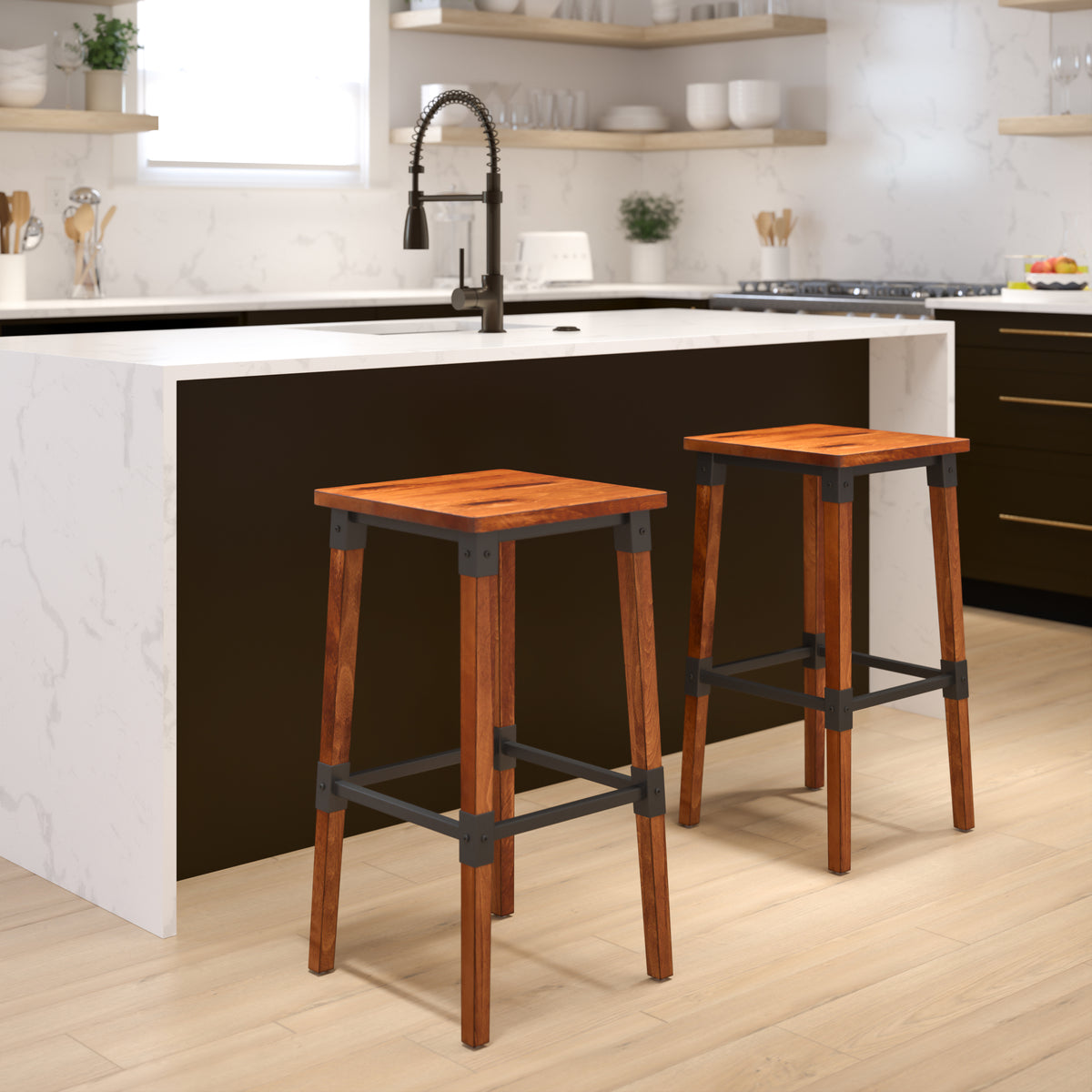 2 Pack Rustic Antique Industrial Wood Dining Backless Barstool