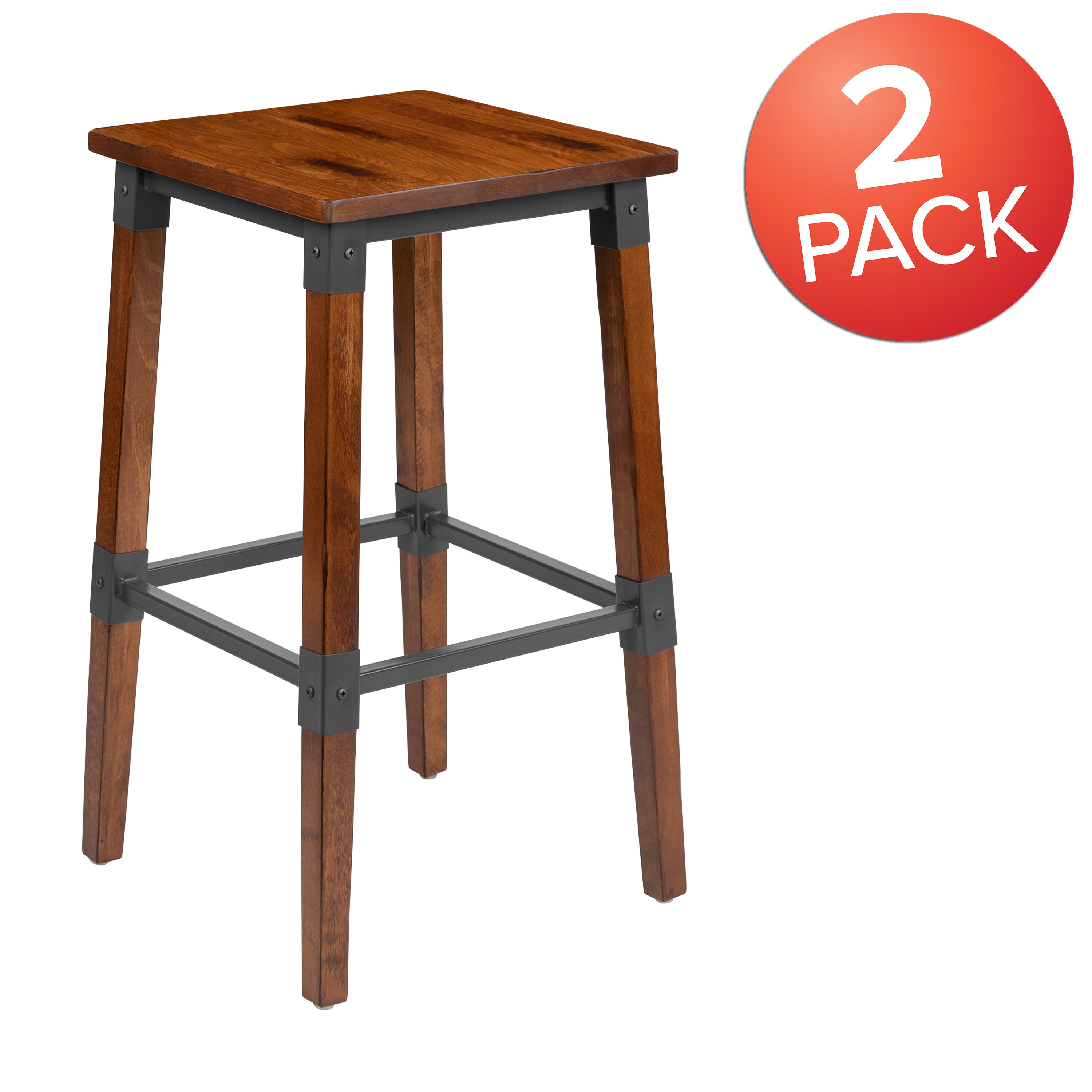2 Pack Rustic Antique Industrial Wood Dining Backless Barstool-Bar Stool-Flash Furniture-Wall2Wall Furnishings