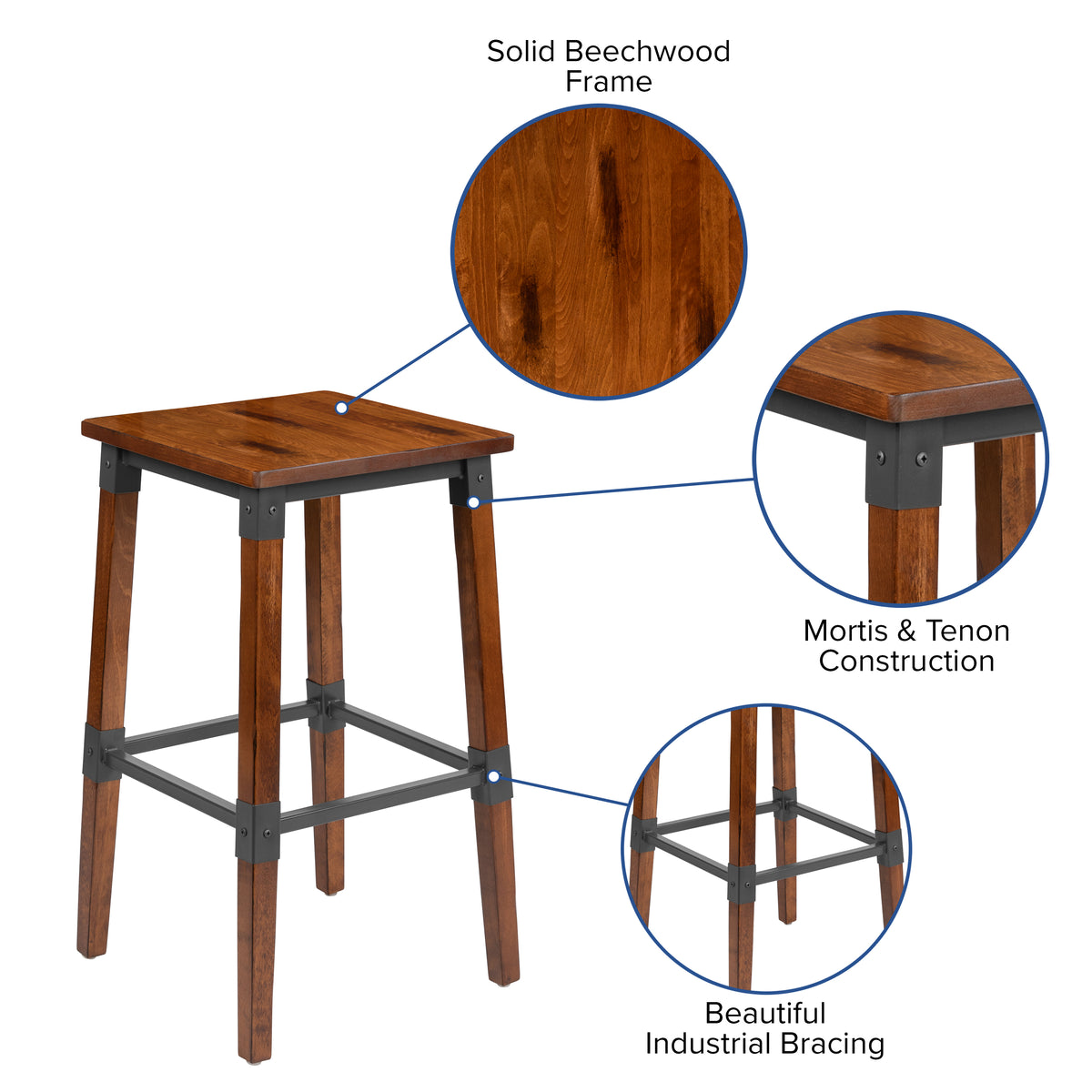2 Pack Rustic Antique Industrial Wood Dining Backless Barstool