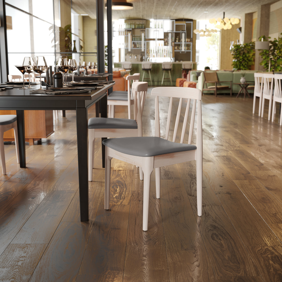 Chester Set of 2 Commercial Grade Solid Wood Dining Chairs with Slatted Backrests and Vinyl Seats