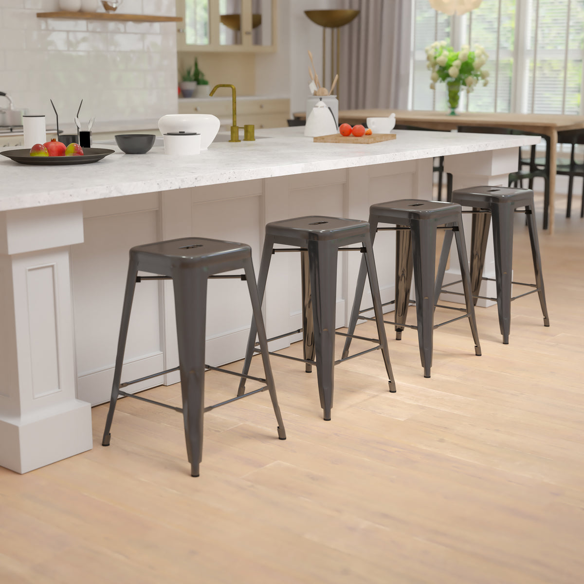 24" High Metal Counter-Height, Indoor Bar Stool - Stackable Set of 4