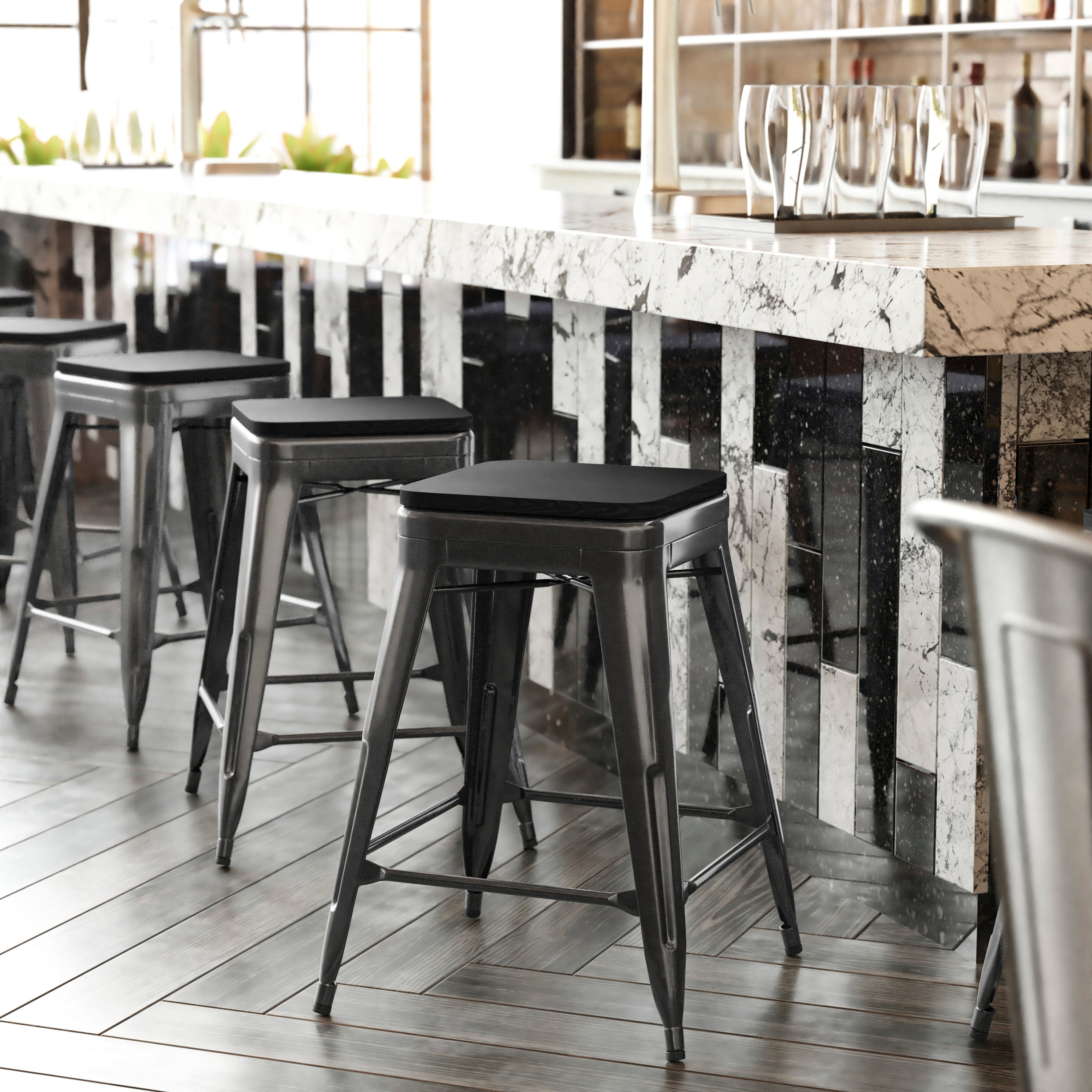 Cierra Set of 4 Commercial Grade 24" High Backless Metal Indoor Counter Height Stools with All-Weather Poly Resin Seats-Metal Counter Height Stools-Flash Furniture-Wall2Wall Furnishings