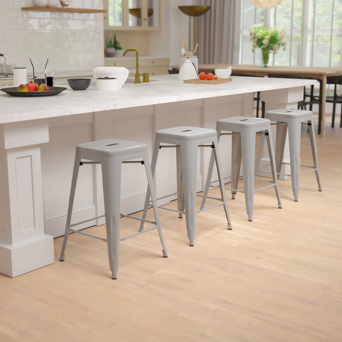 24" High Metal Counter-Height, Indoor Bar Stool - Stackable Set of 4