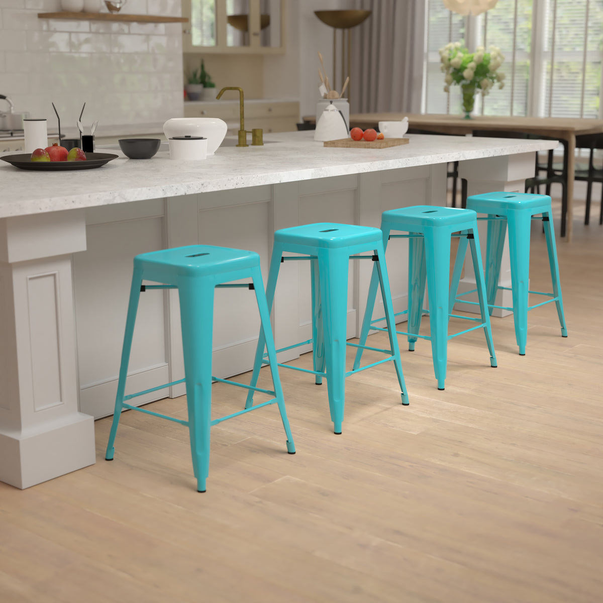 24" High Metal Counter-Height, Indoor Bar Stool - Stackable Set of 4