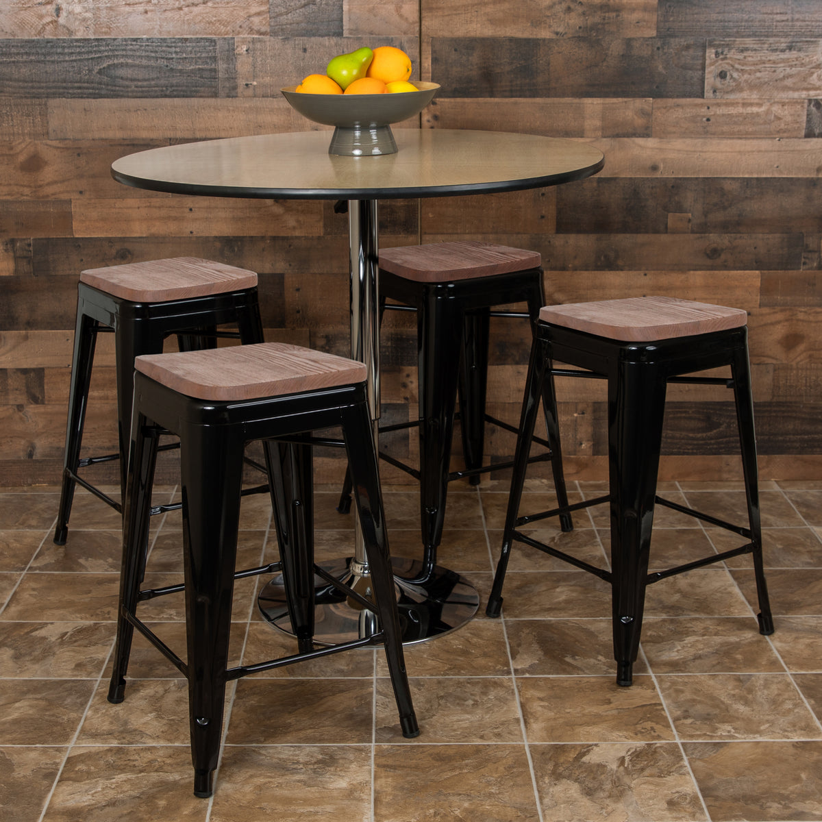 24" High Metal Counter-Height, Indoor Bar Stool with Wood Seat - Stackable Set of 4