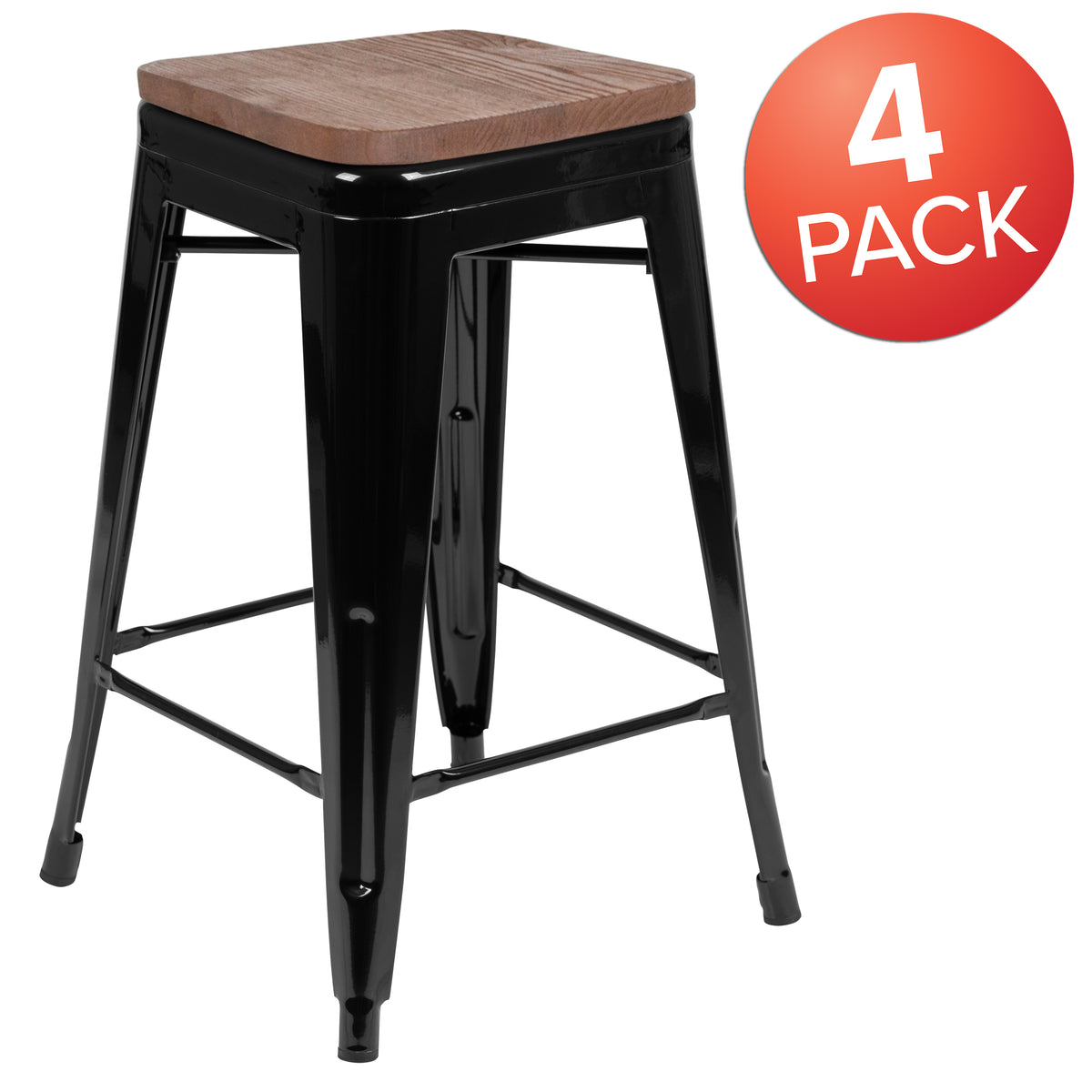24" High Metal Counter-Height, Indoor Bar Stool with Wood Seat - Stackable Set of 4