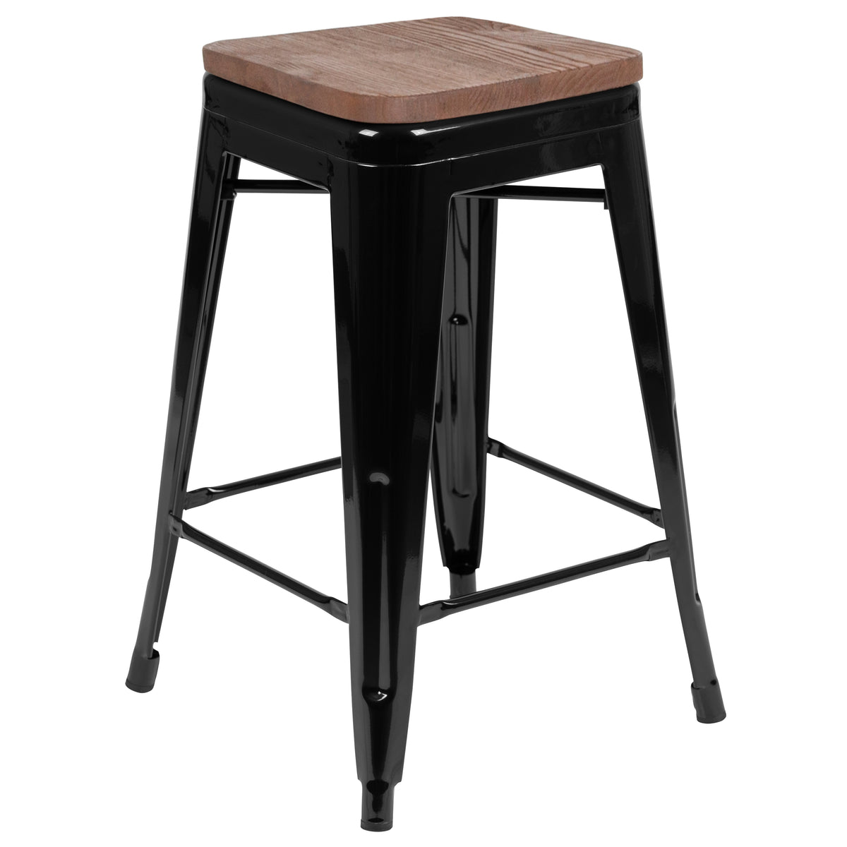 24" High Metal Counter-Height, Indoor Bar Stool with Wood Seat - Stackable Set of 4